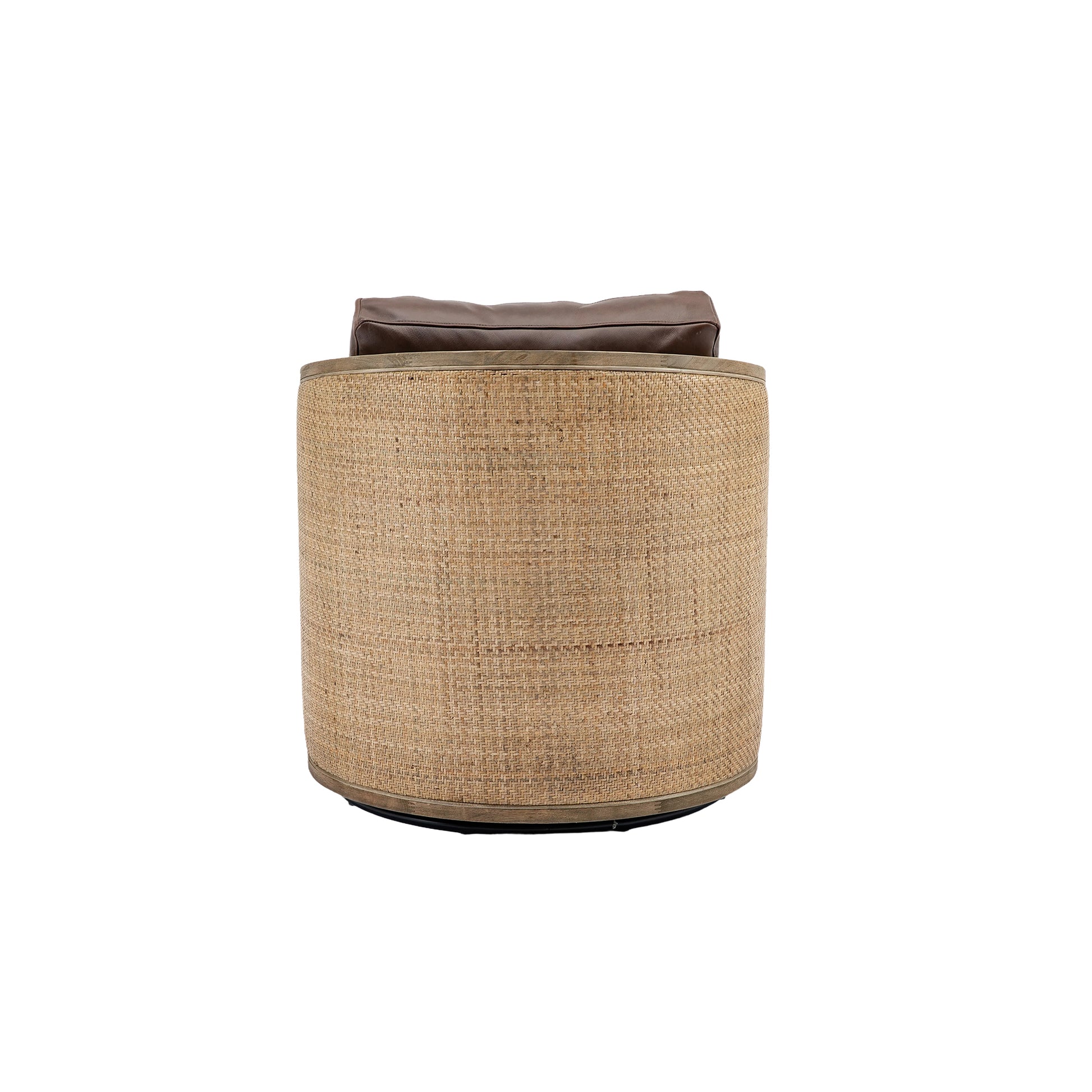 Natural rattan barrel accent chair with brown leather cushion and wood trim