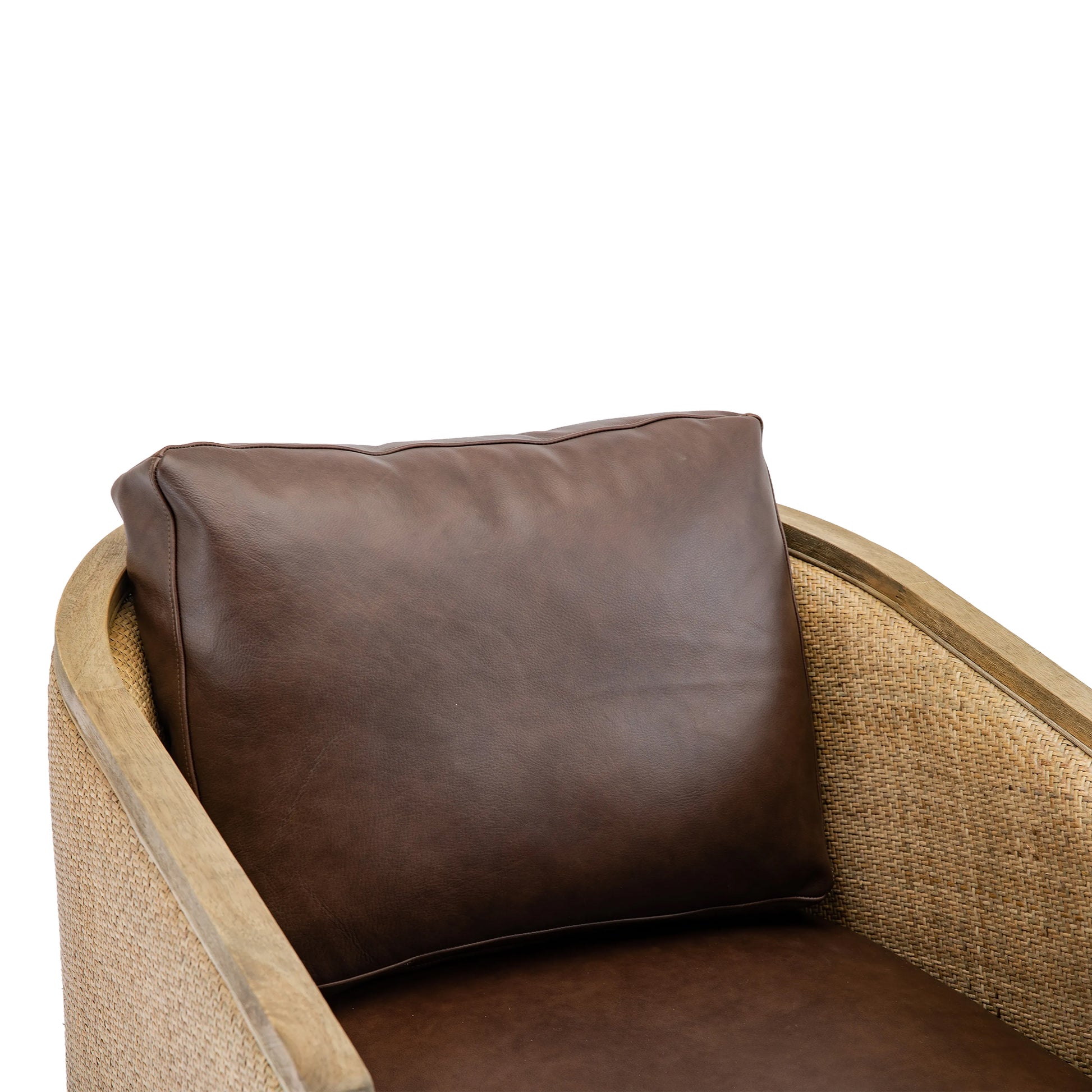 Dark brown leather accent chair with natural rattan weave backrest and wooden frame