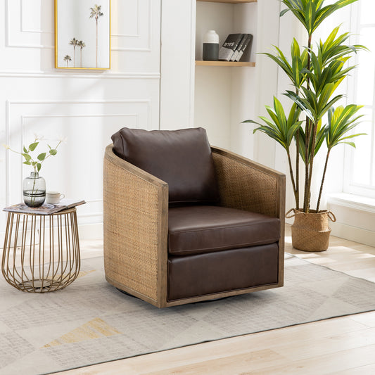 Brown leather armchair with woven rattan sides and wood trim for living room comfort