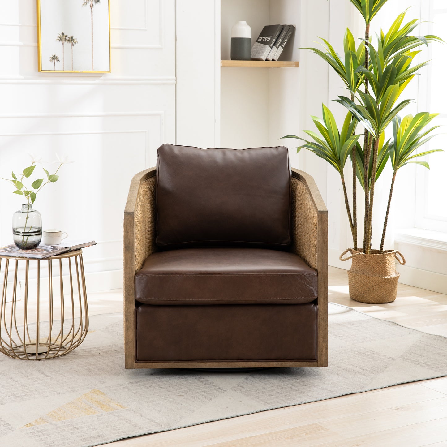 Espresso brown leather swivel chair with natural rattan accents and wood frame