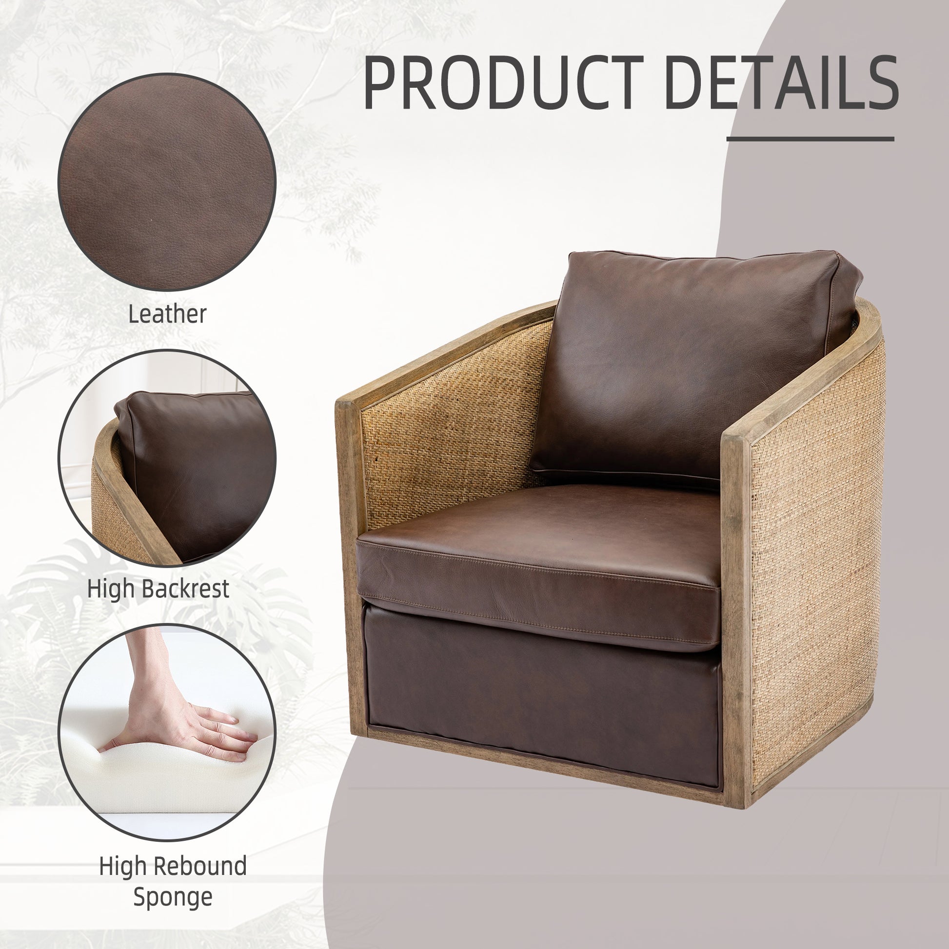 Brown leather armchair with rattan sides and high backrest for comfort