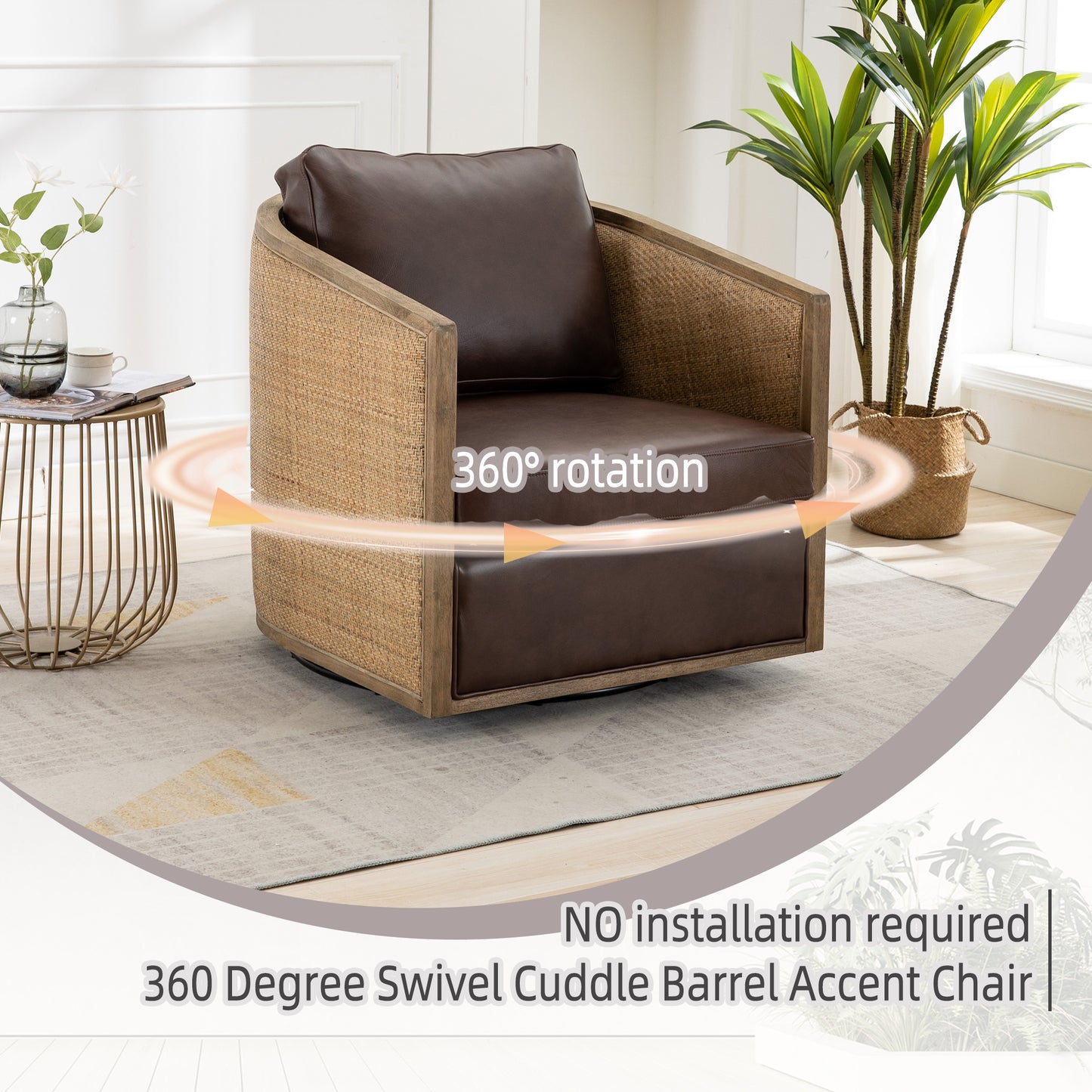 Brown leather barrel accent chair with rattan sides and  degree swivel