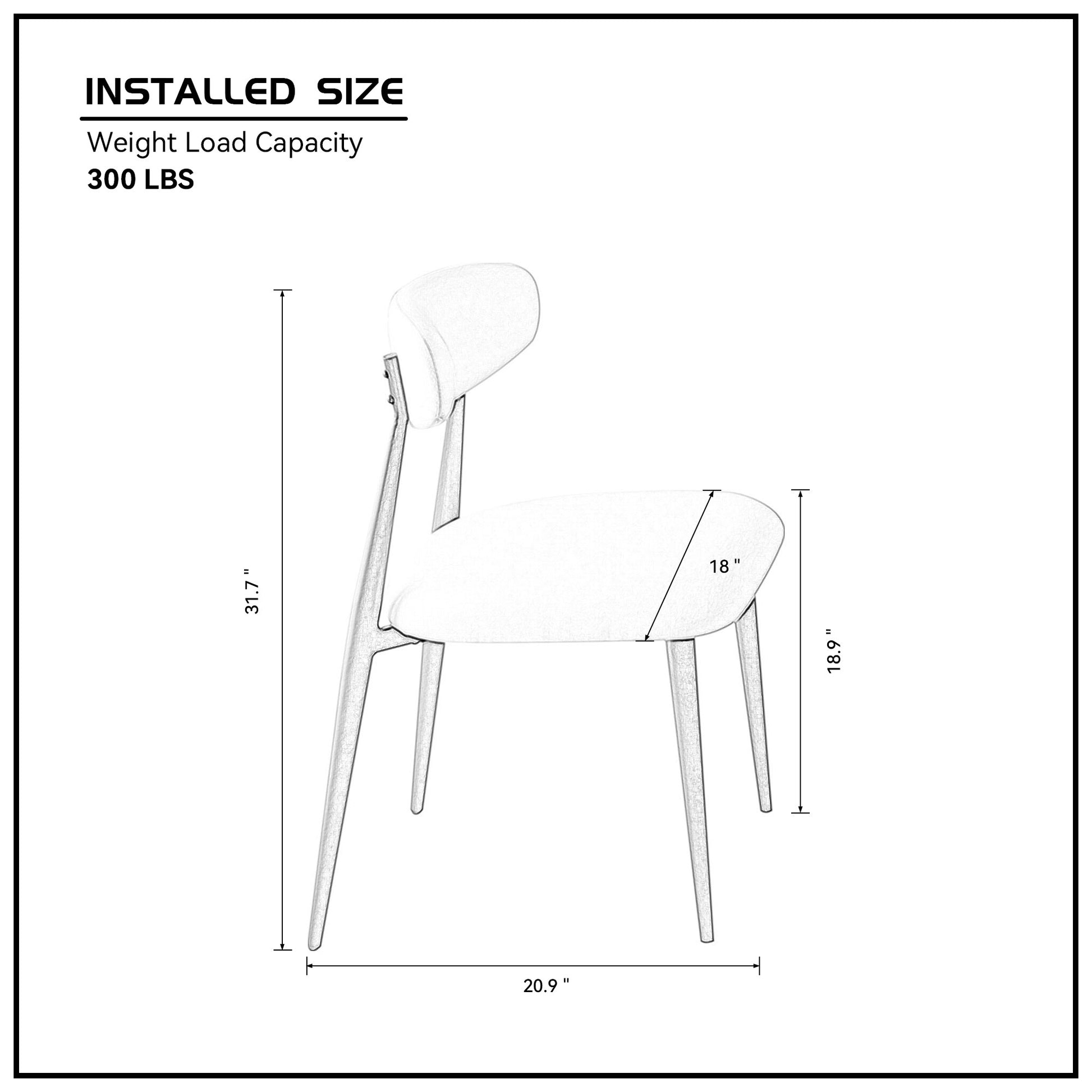 Sketch of a modern dining chair with dimensions  H x  W  seat depth  seat height and  LBS weight capacity