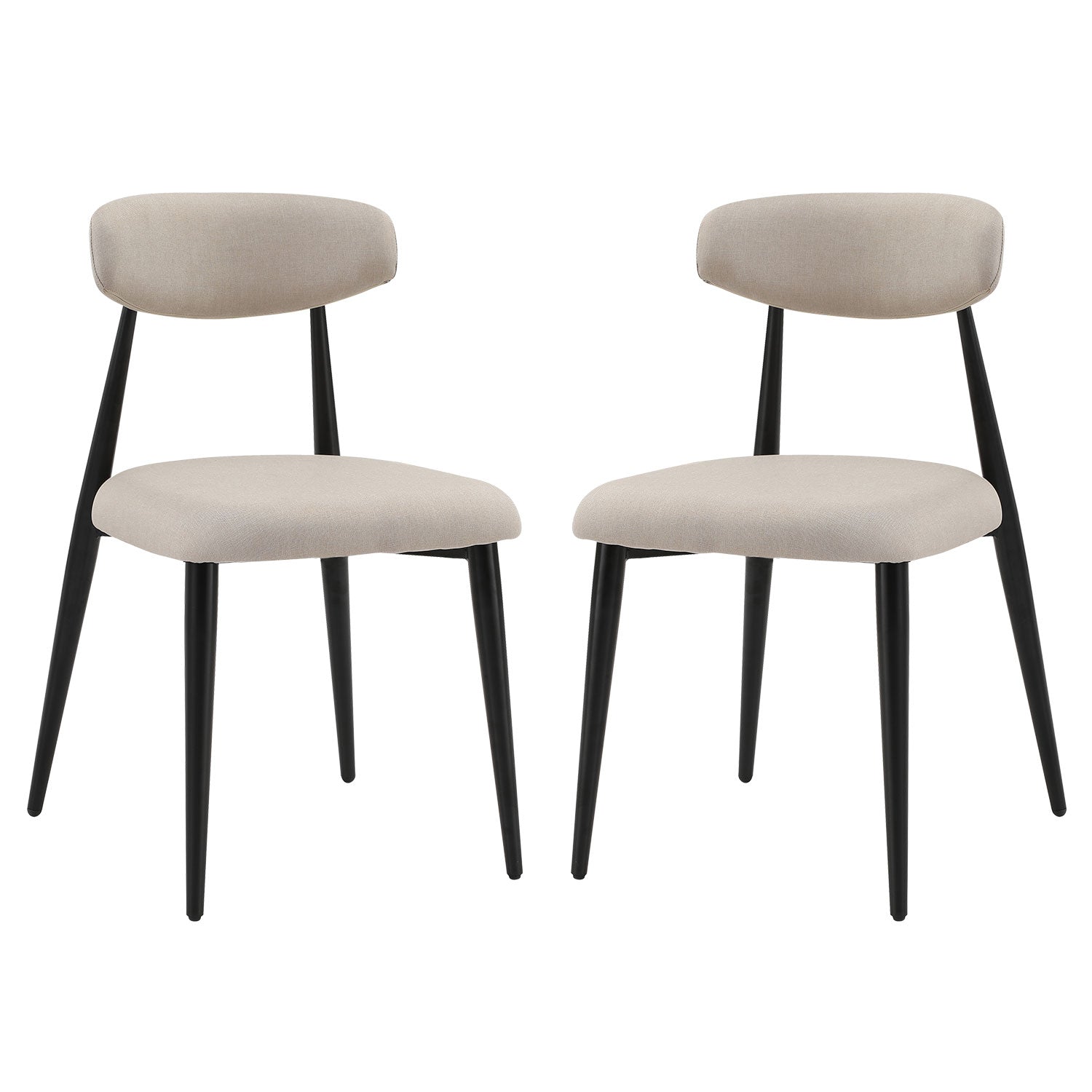 Two upholstered dining chairs in beige fabric with black metal legs
