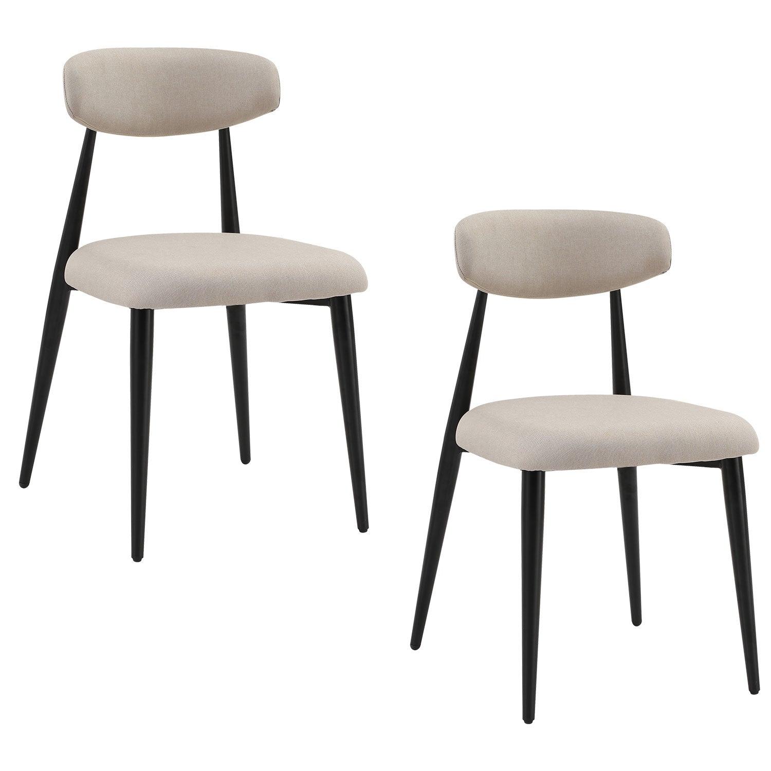 Two modern beige upholstered dining chairs with black tapered legs