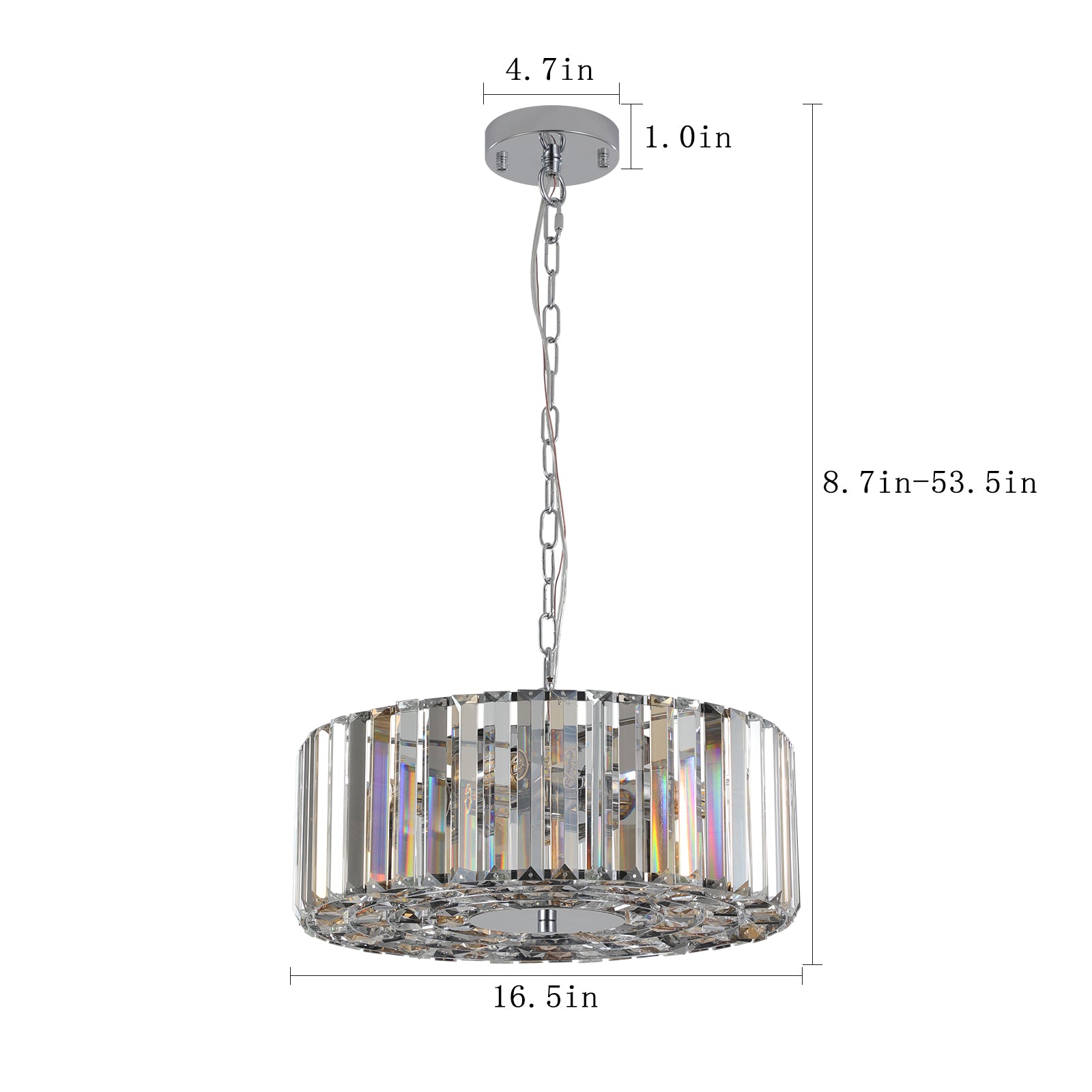 Modern crystal chandelier with chrome finish and adjustable height in diameter