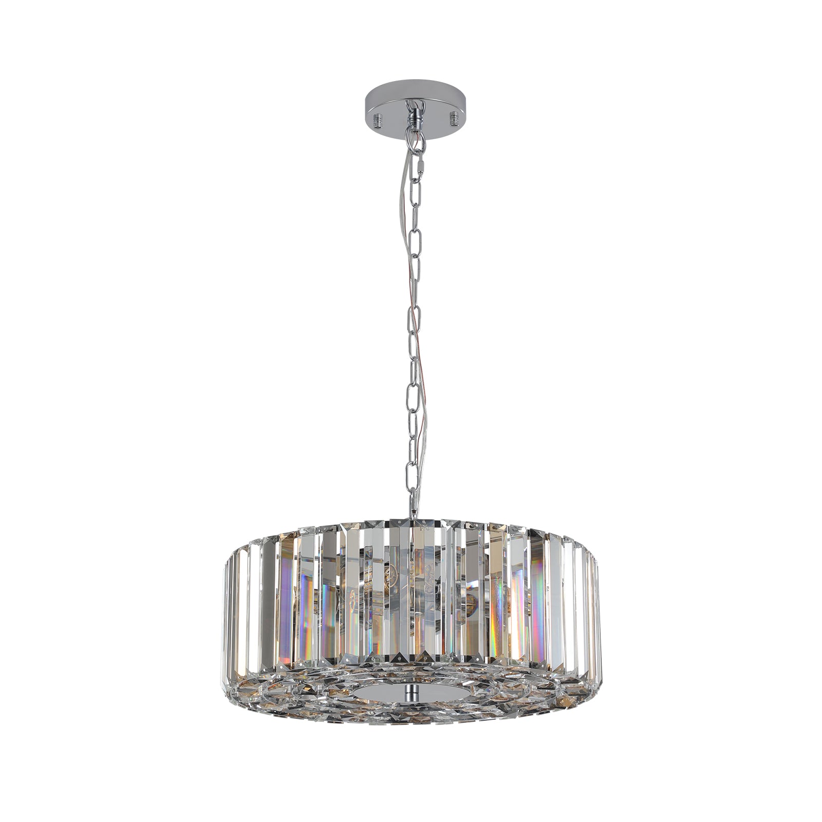Modern crystal chandelier with chrome accents and clear faceted glass for elegant home lighting