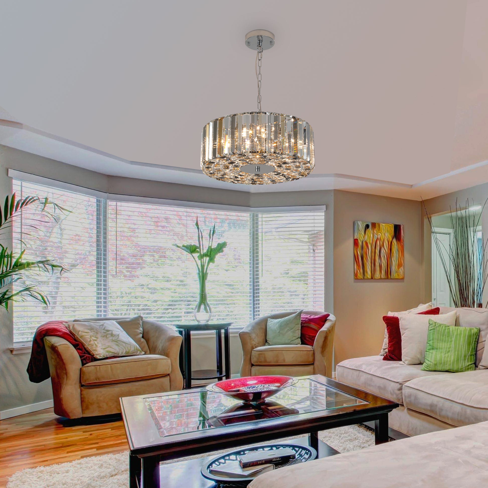 Glamorous crystal flush mount ceiling light with chrome finish illuminating modern living spaces