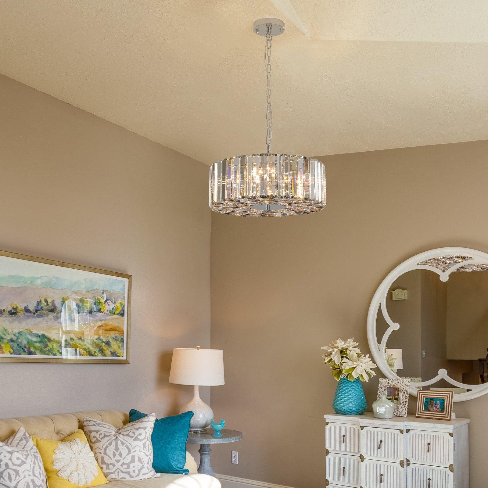 Round crystal chandelier with chrome finish providing elegant lighting for dining rooms