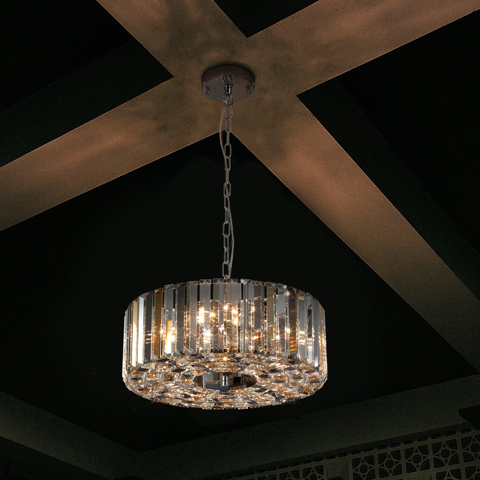 Modern crystal drum chandelier with chrome accents and clear faceted crystals