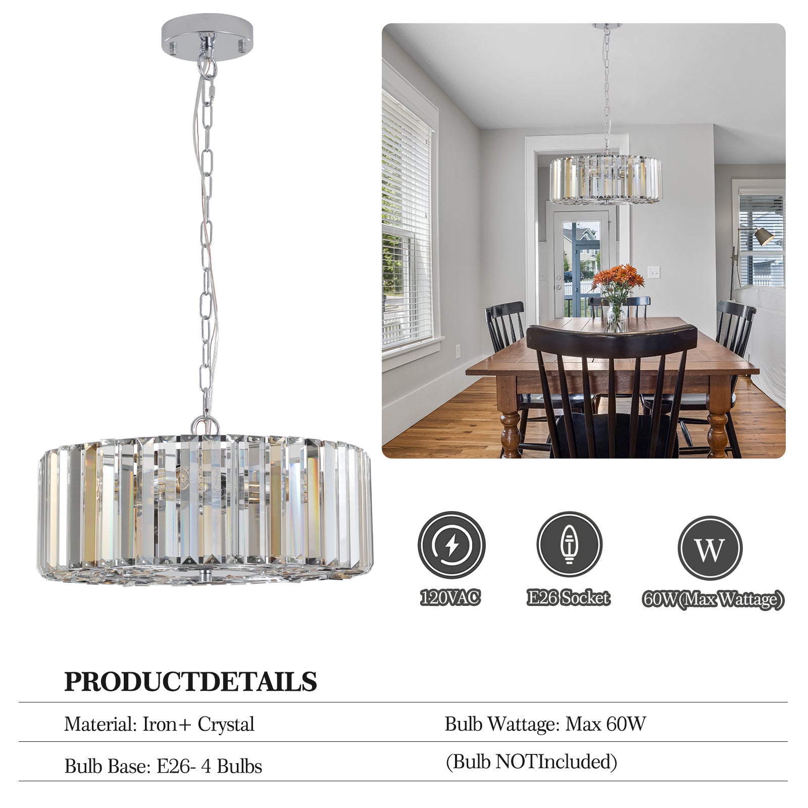 Crystal drum chandelier with chrome finish and clear crystal accents