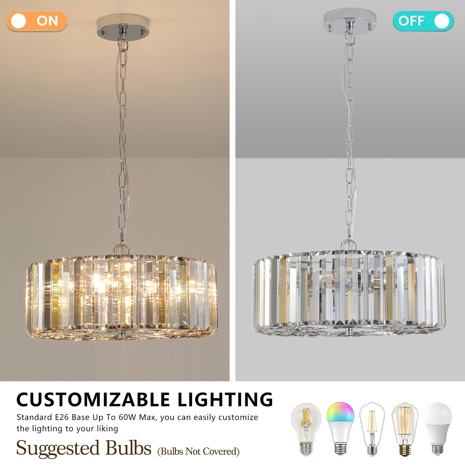 Crystal drum pendant light with polished chrome finish illuminated