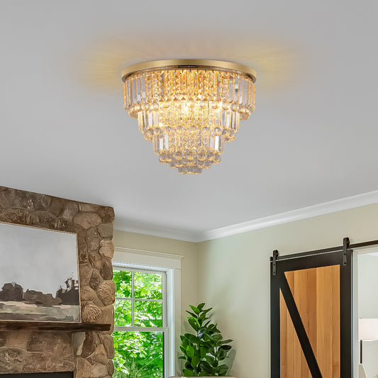 Gold flush mount chandelier with cascading crystal accents perfect for dining rooms