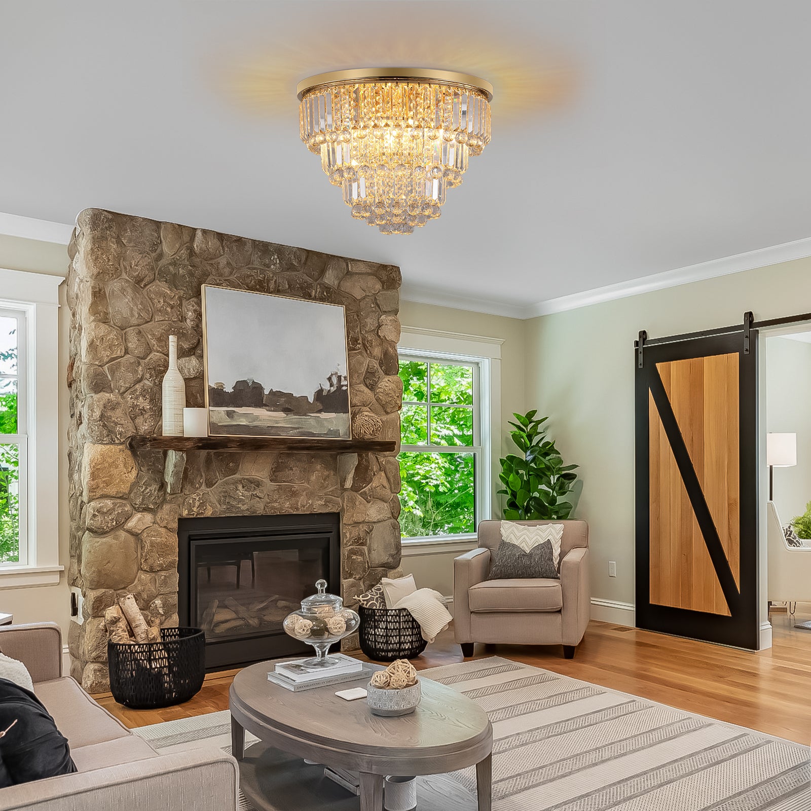 Elegant crystal flush mount chandelier with gold finish illuminating a rustic living room