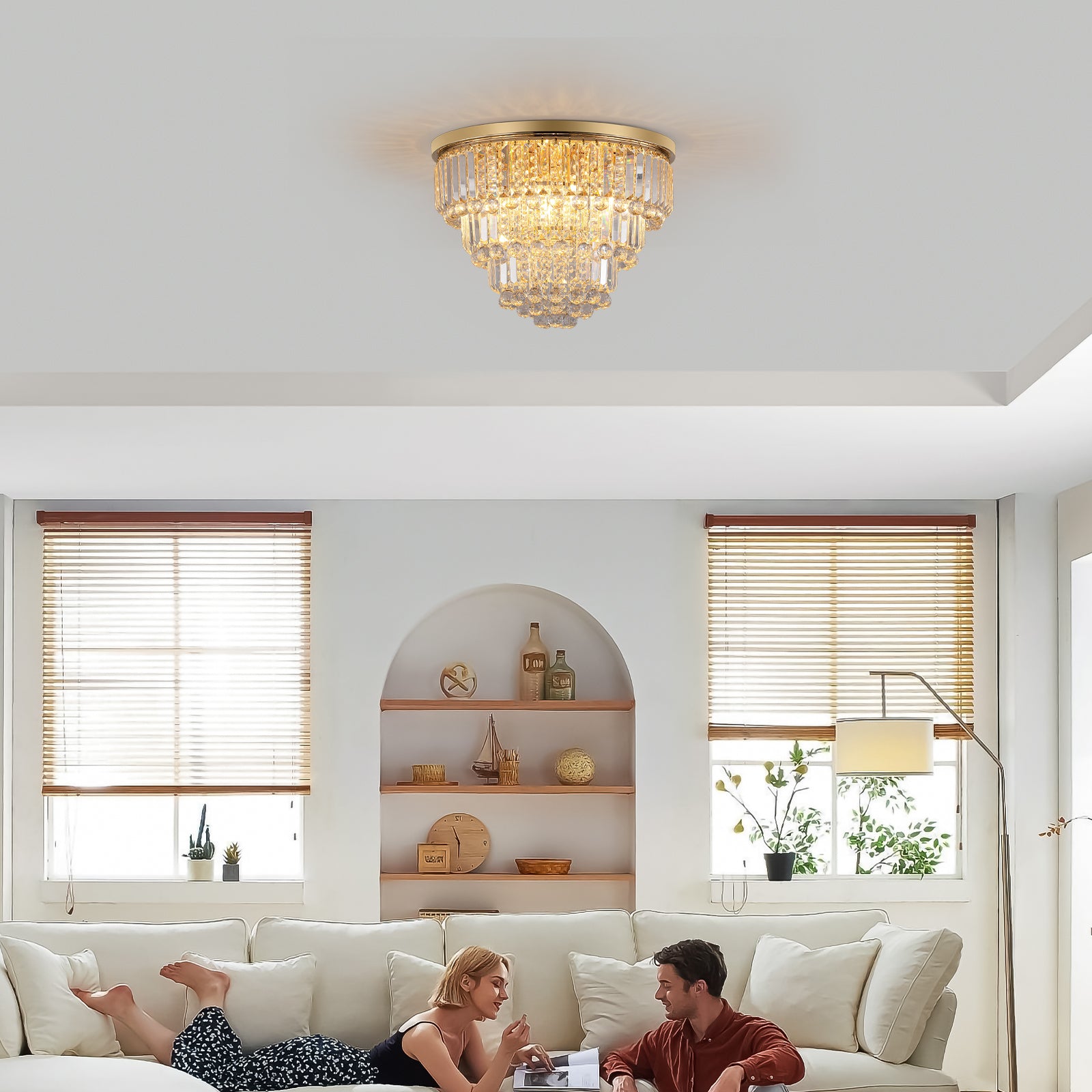 Glamorous gold flush mount ceiling light with cascading crystal accents ideal for living rooms