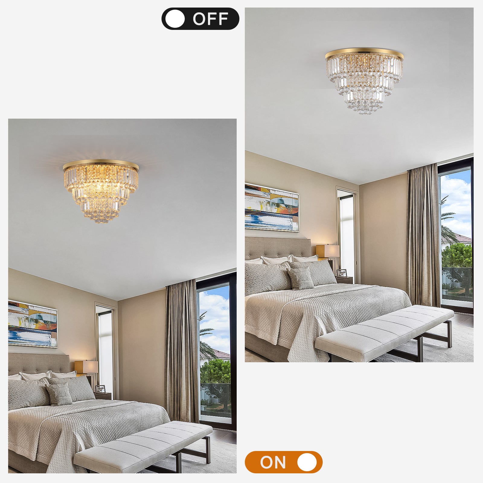 Gold flush mount crystal chandelier with layered cascading design elegant bedroom lighting