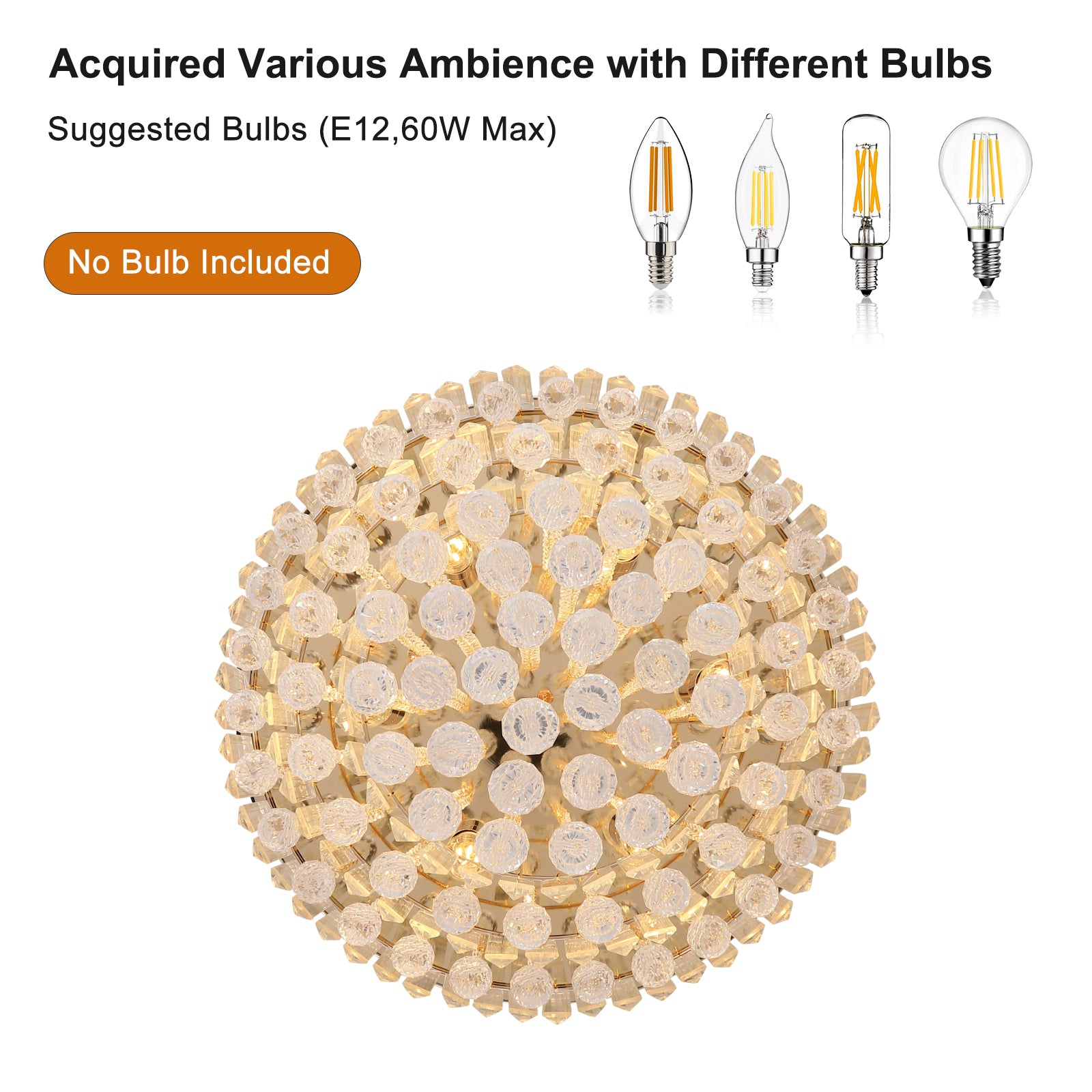 Closeup of a gold crystal flush mount ceiling light with faceted beads and illuminated bulbs