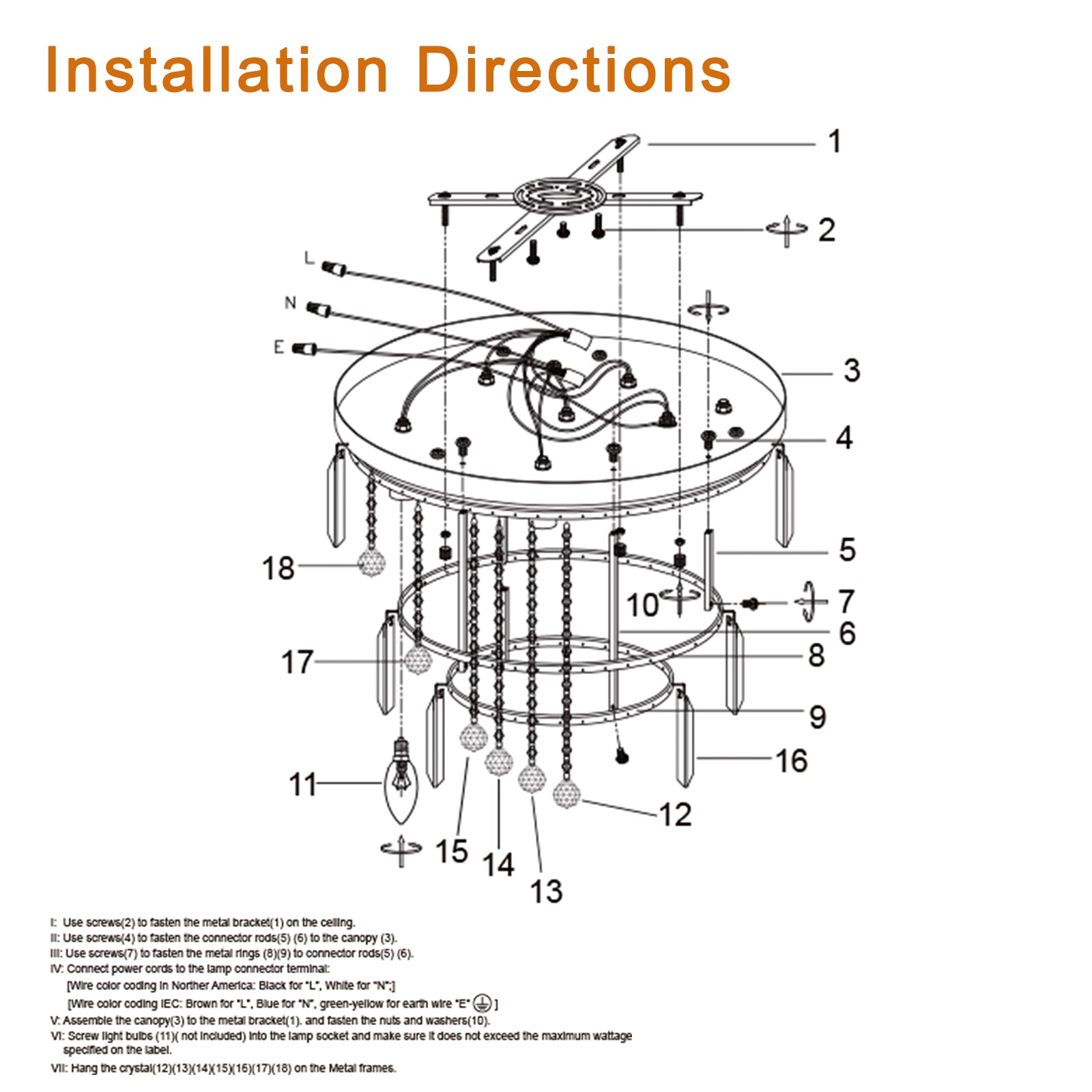 Exploded diagram of chandelier installation showing ceiling bracket  and canopy