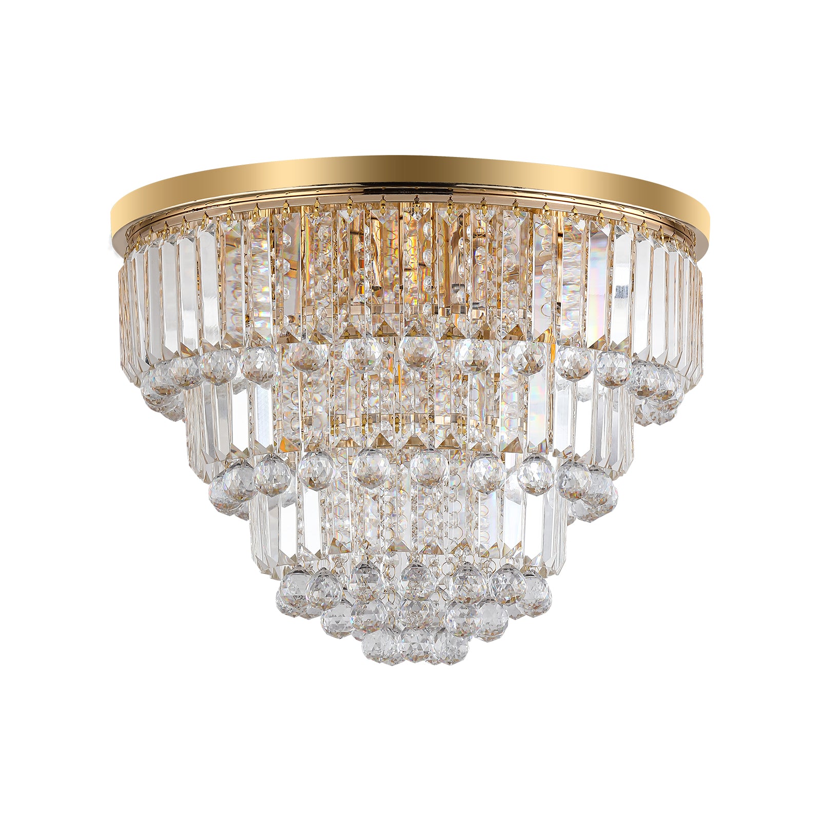 Luxury gold flush mount chandelier with cascading crystal accents
