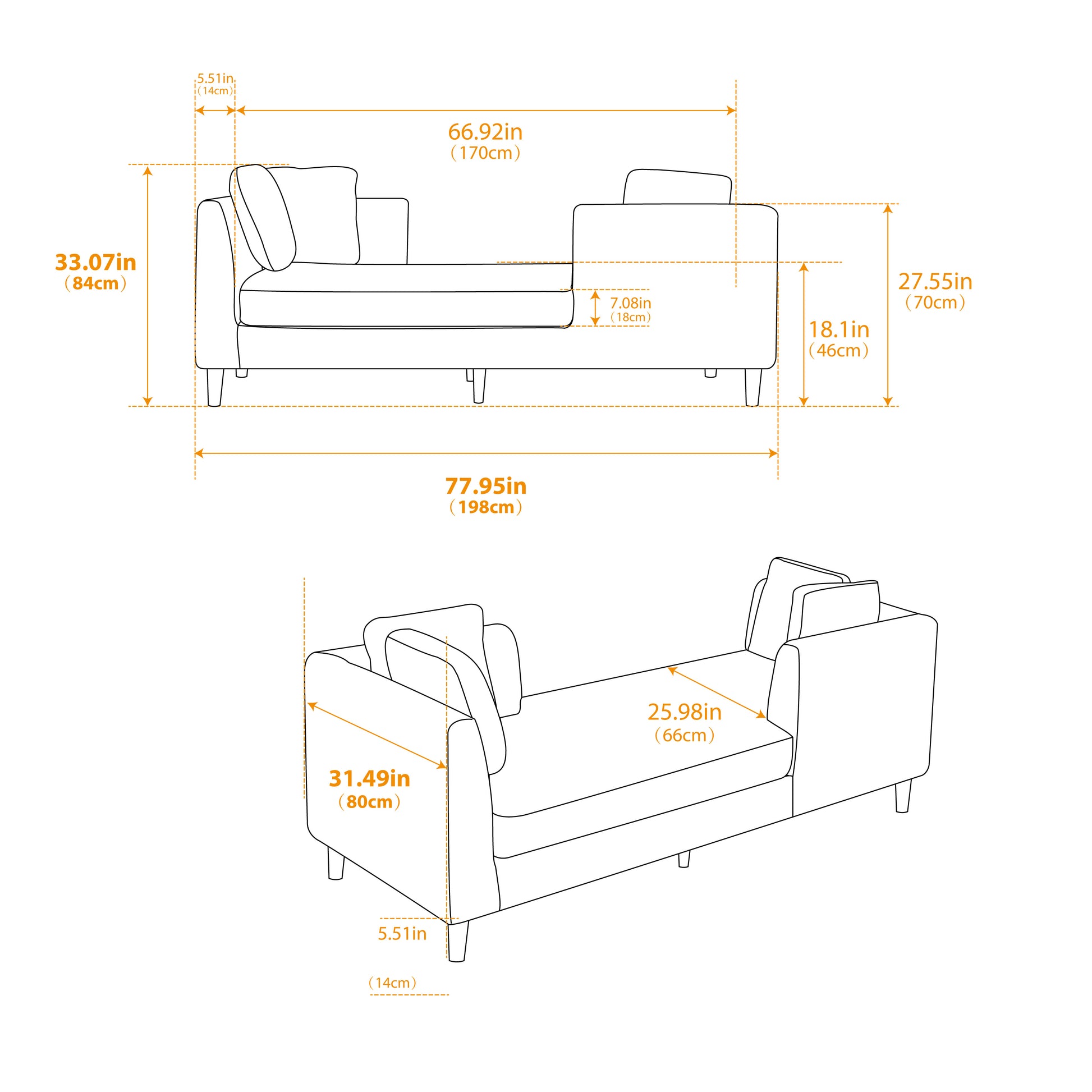 Diagram of a modern couch showing dimensions in length in height in width