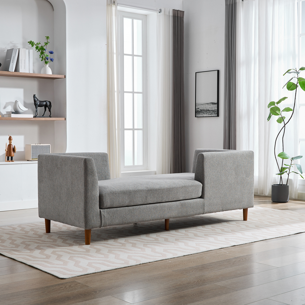 Gray fabric bench with wooden legs modern living room furniture
