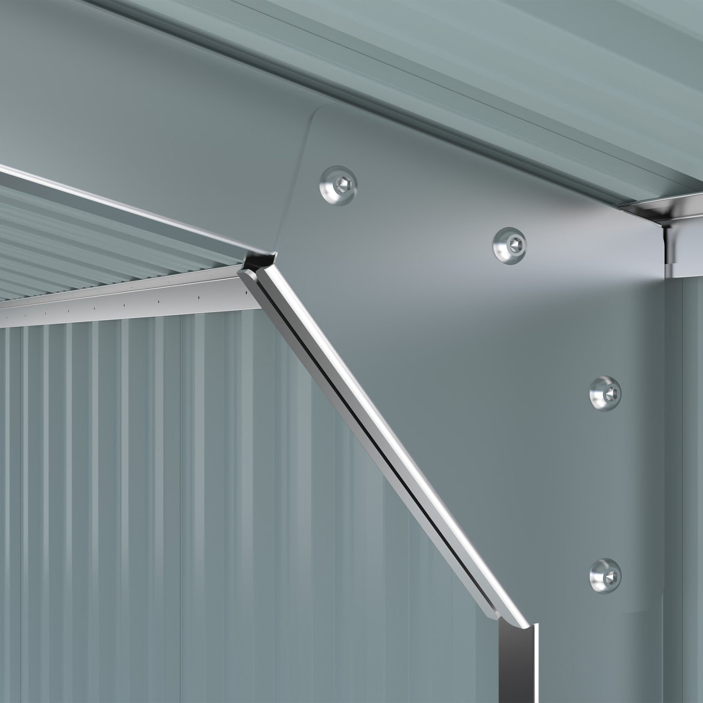 Metal shed construction detail showing bolted corner bracket