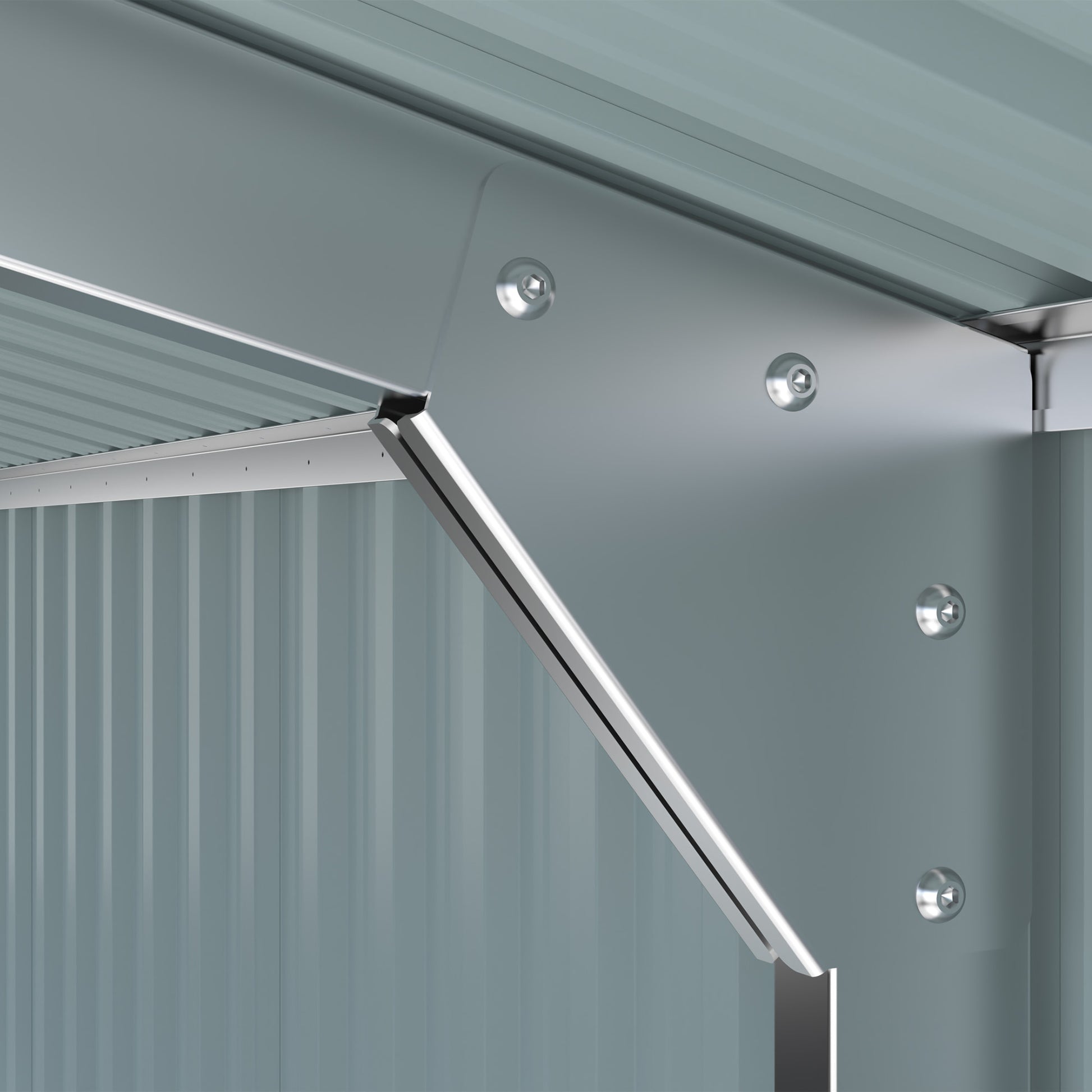 Metal shed construction detail showing bolted corner bracket