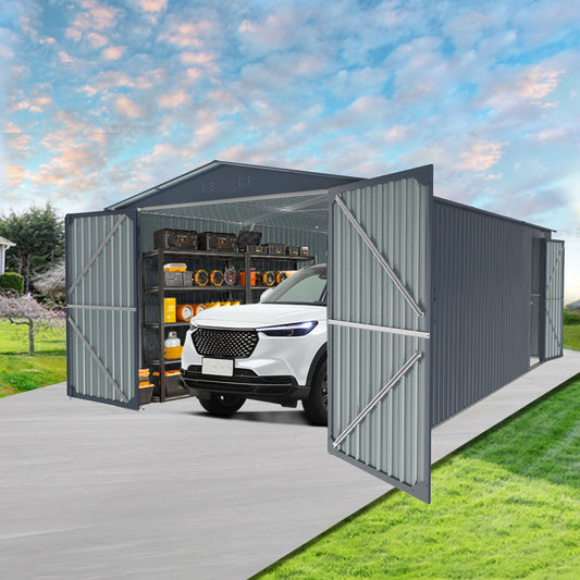 Dark gray metal garage with open doors and a white car inside organized storage shelves visible