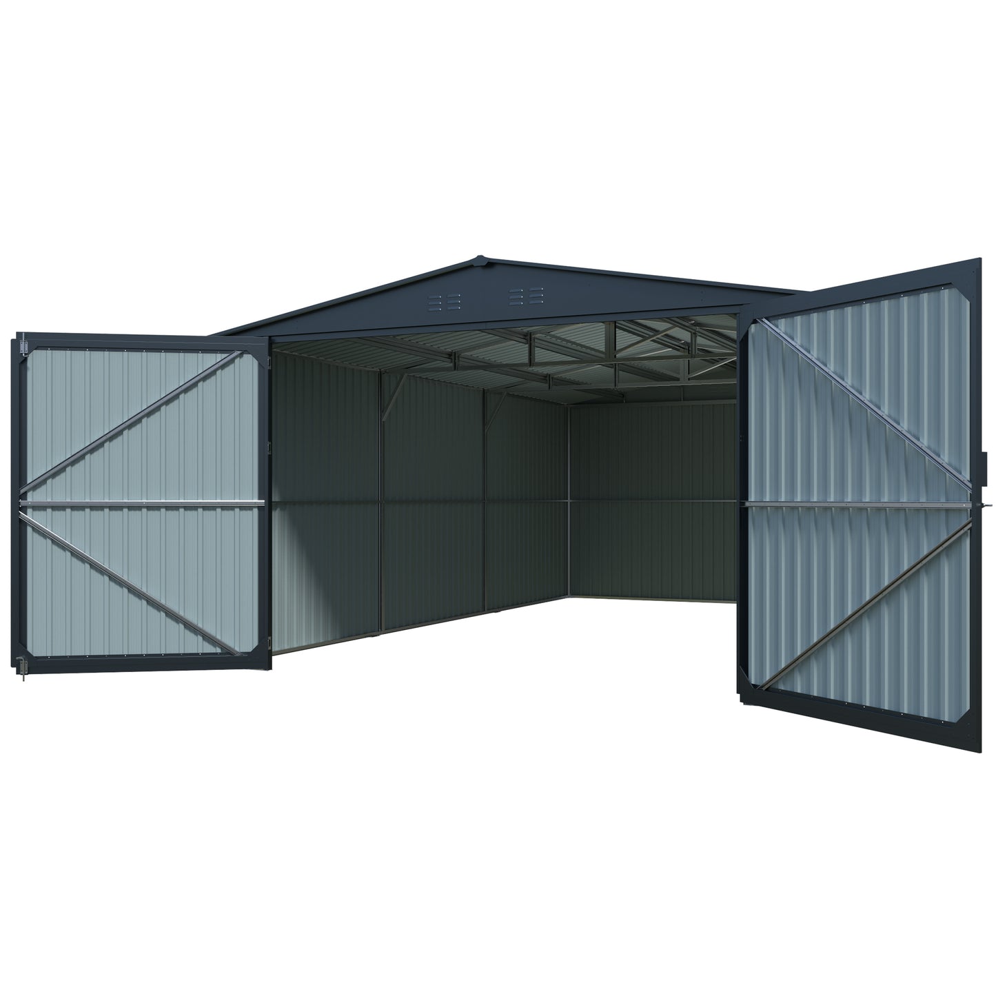 Dark grey metal garage with open double doors featuring corrugated paneling and a sturdy steel frame