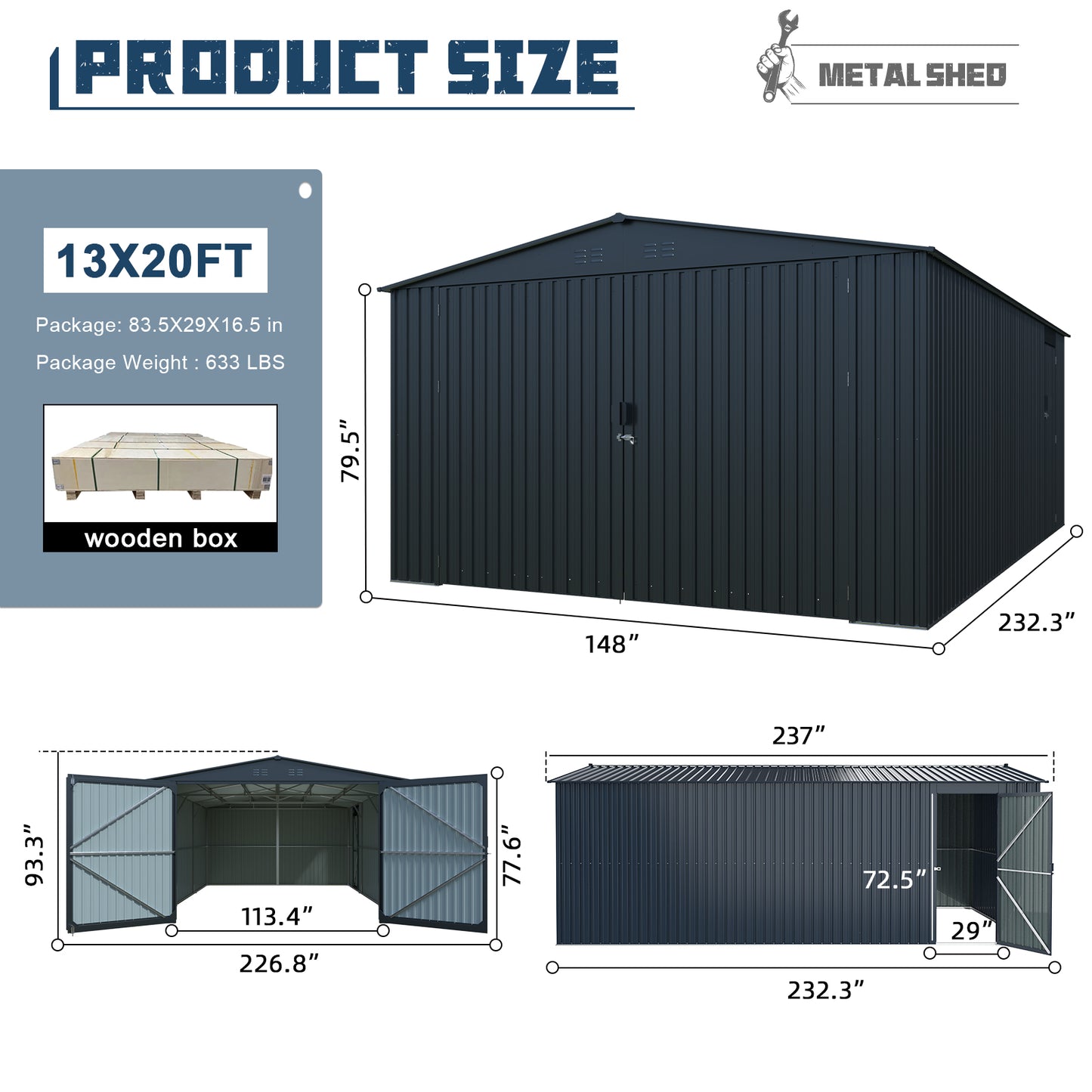 Dark gray metal shed xft with double doors and ventilation