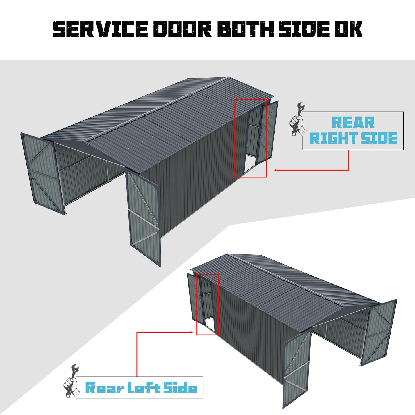 Dark gray metal shed with open doors on both ends for ample storage