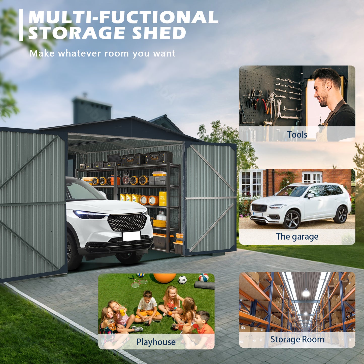 Multifunctional storage shed with double doors storing a car and shelving units