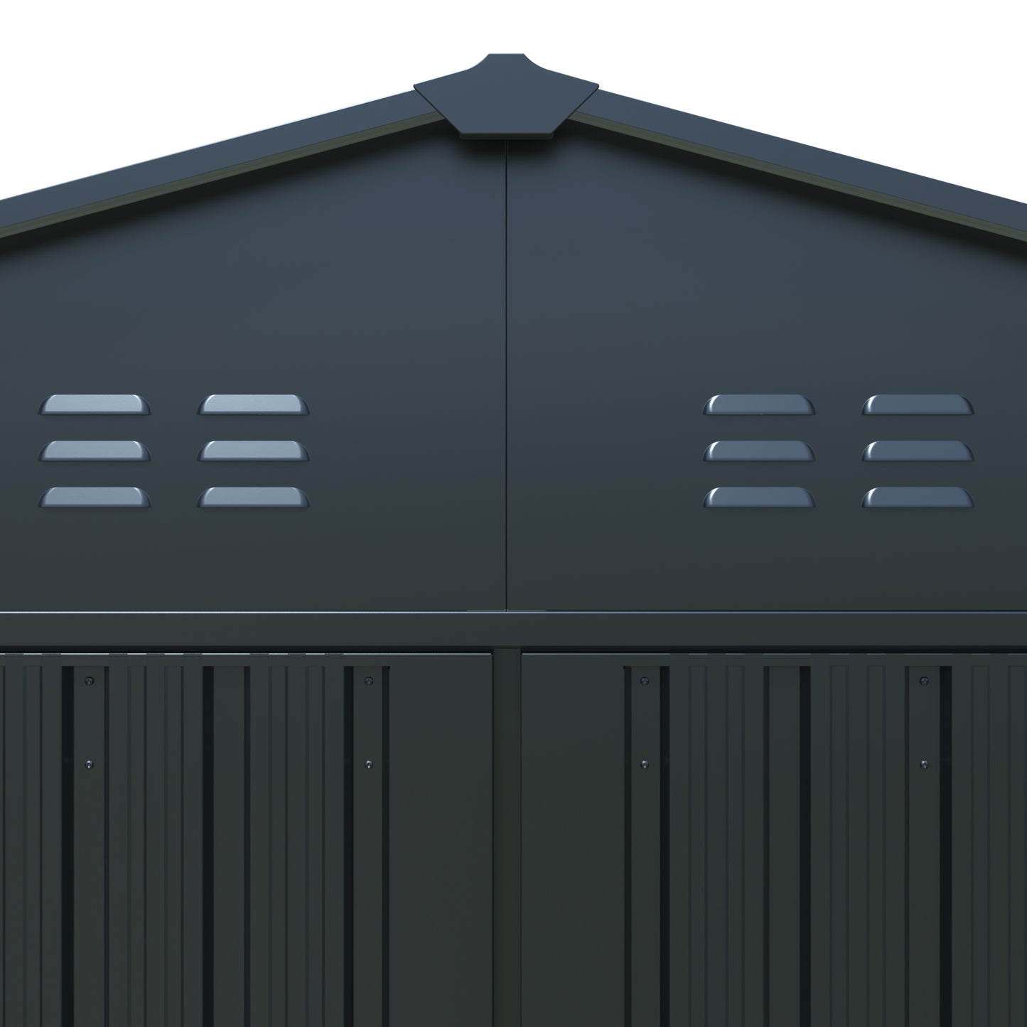 Dark grey metal garden shed doors with double ventilation grilles on top