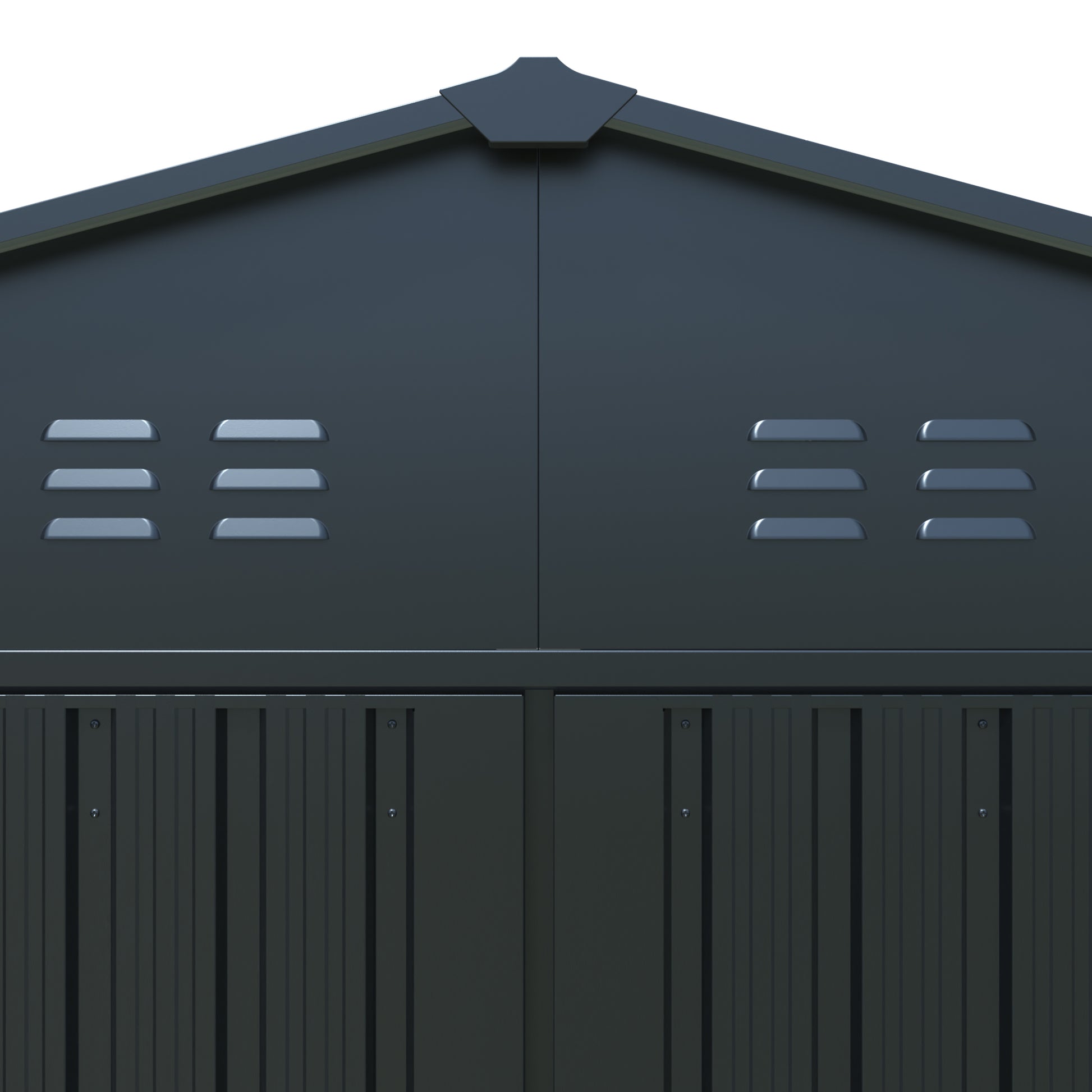 Dark grey metal garden shed doors with double ventilation grilles on top