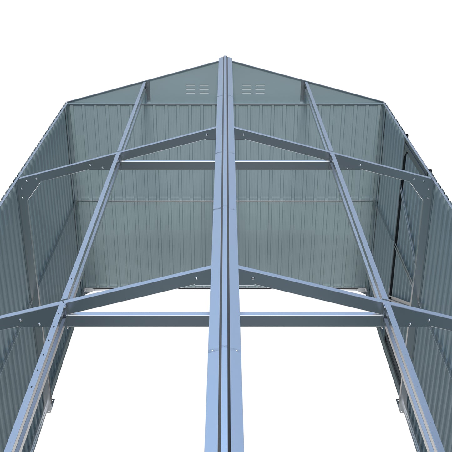 Galvanized steel shed frame with corrugated roof panels ready for assembly