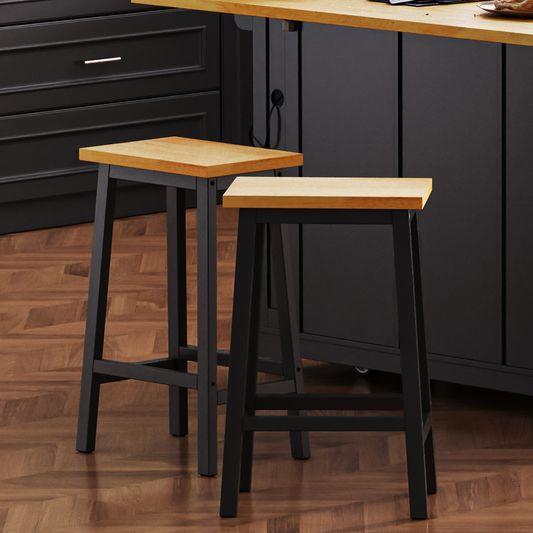 Modern black metal frame bar stool with natural wood seat