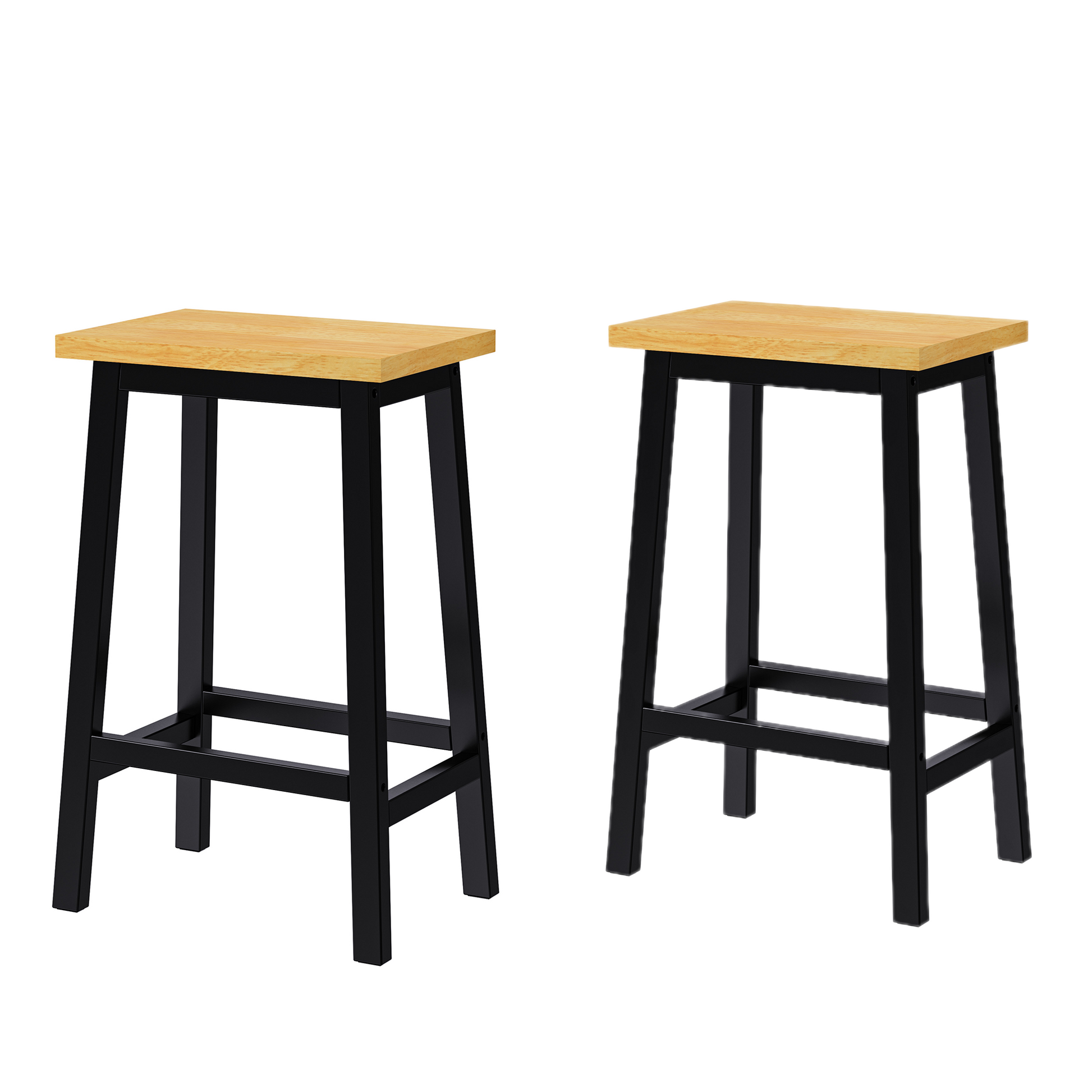 Two modern bar stools with natural wood seats and black metal frames