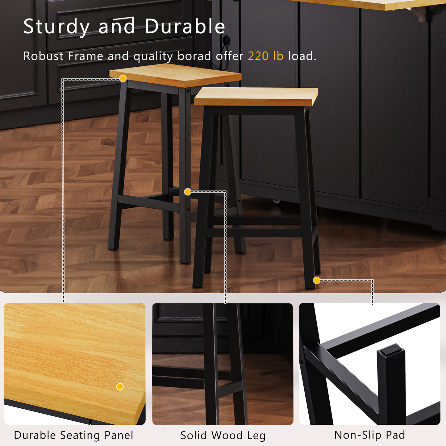 Two black bar stools with natural wood seats and sturdy metal frames
