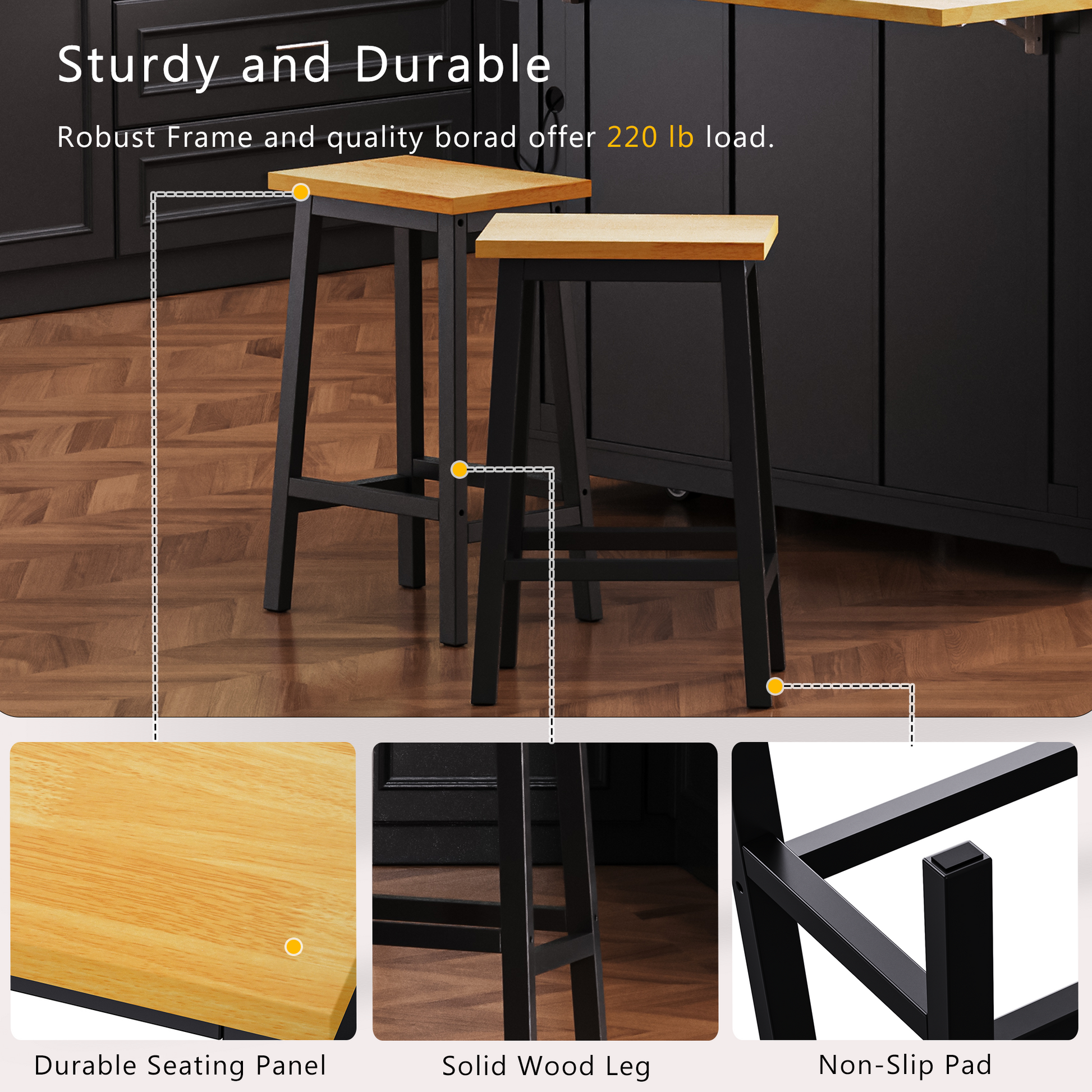 Two black bar stools with natural wood seats and sturdy metal frames