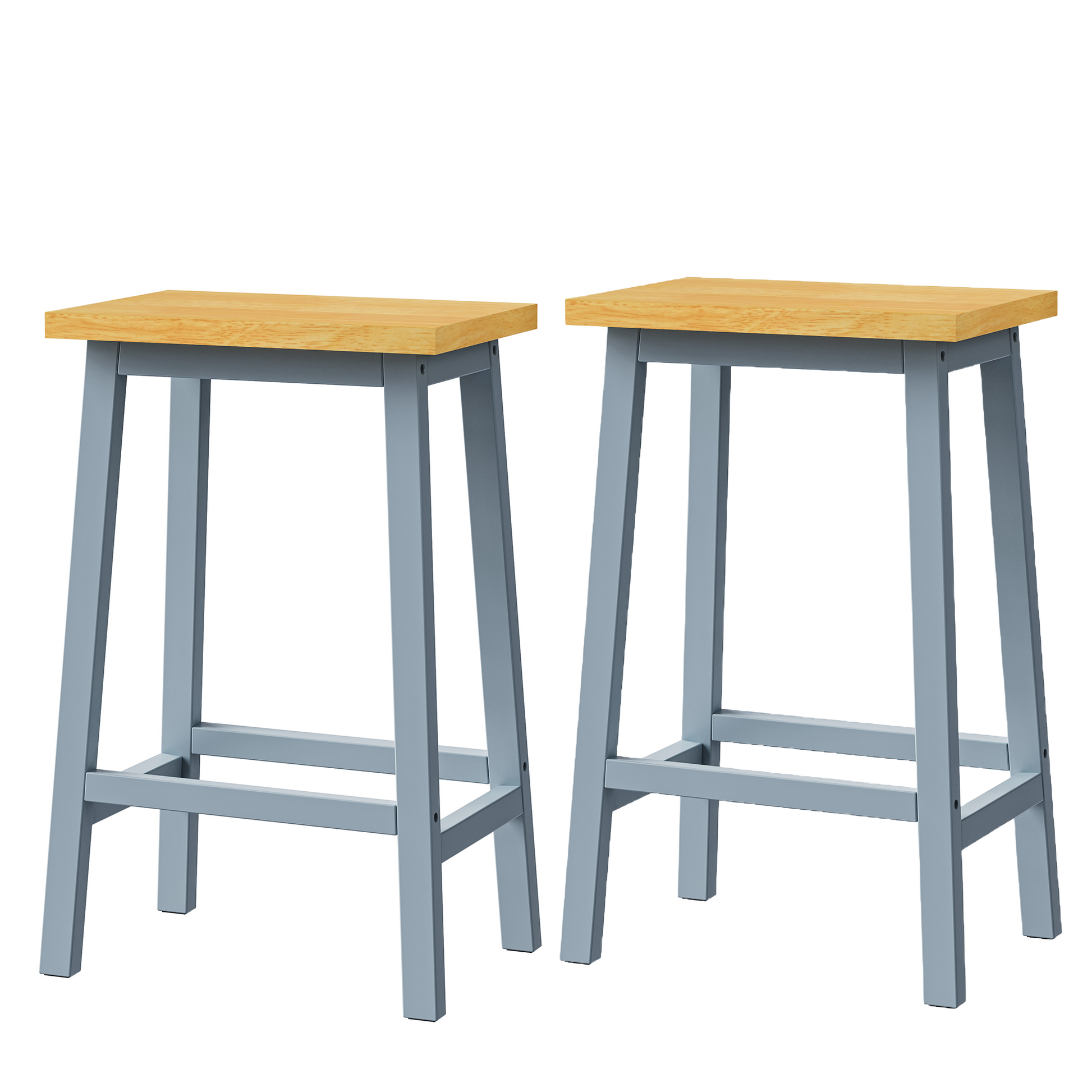 Two minimalist grey bar stools with natural wood seats on a white background