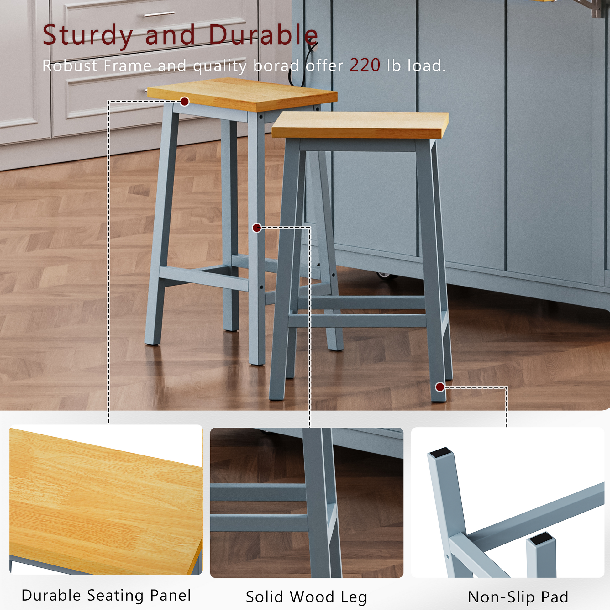 Two grey metal bar stools with natural wood seats ideal for kitchen islands