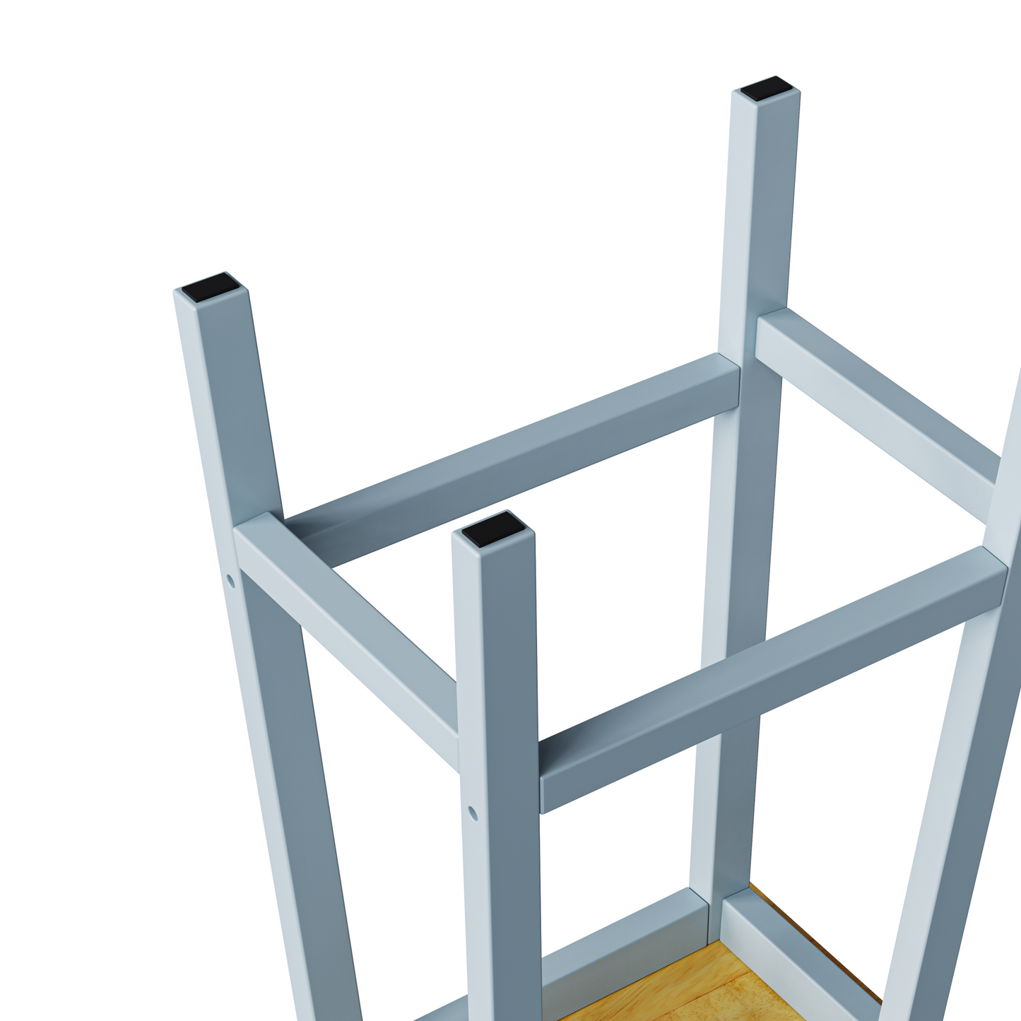 Closeup view of light blue metal stool frame with black feet ready for assembly