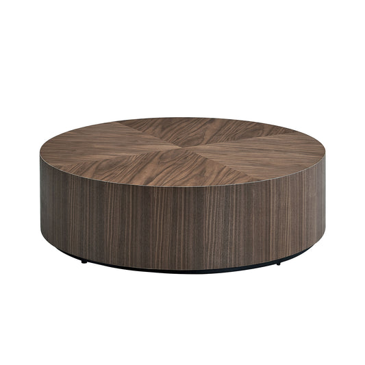 Round coffee table with dark wood veneer and geometric top pattern