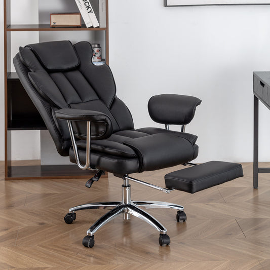 Black executive office chair with adjustable footrest for ultimate comfort