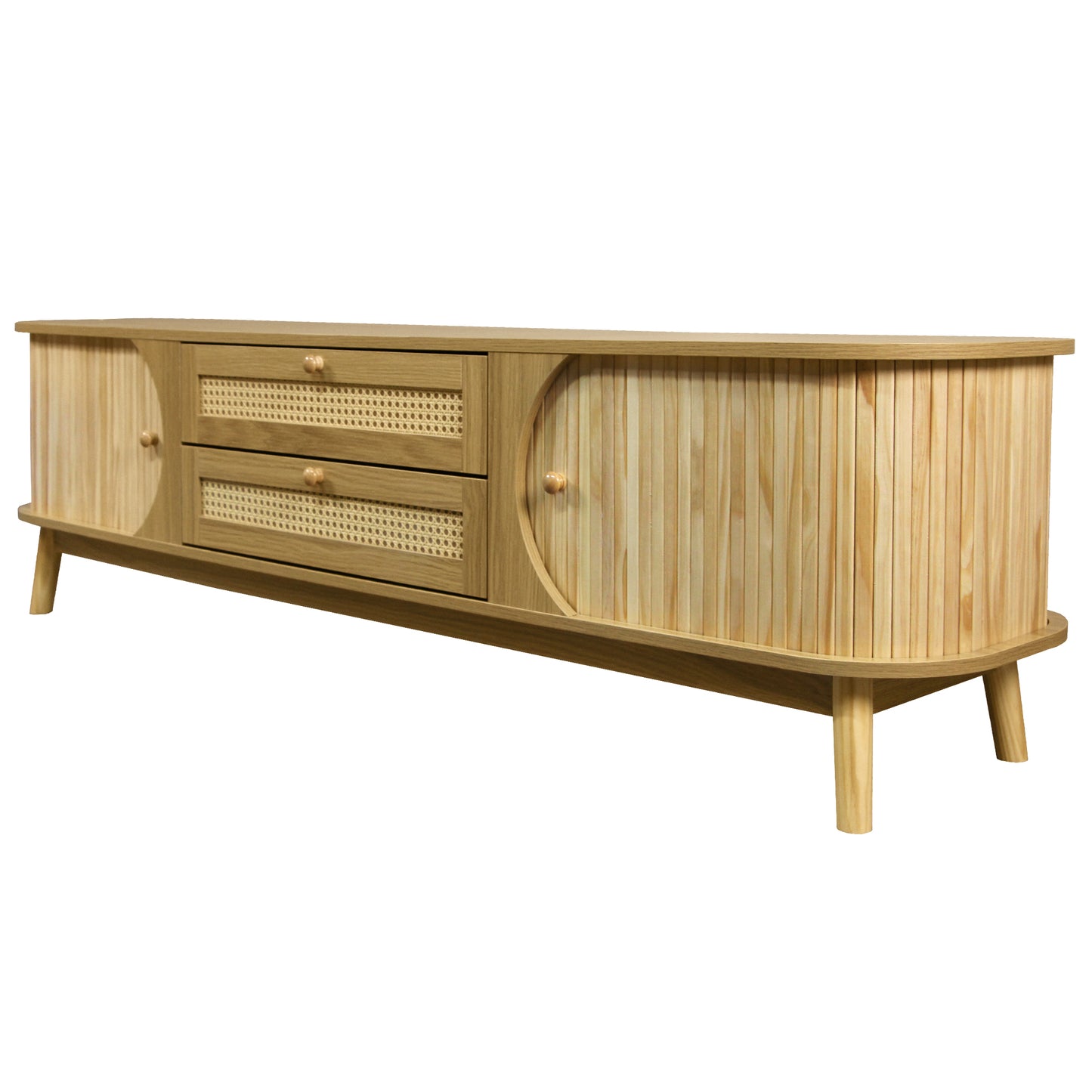 Light wood media console with caneinlaid drawers and ribbed door details