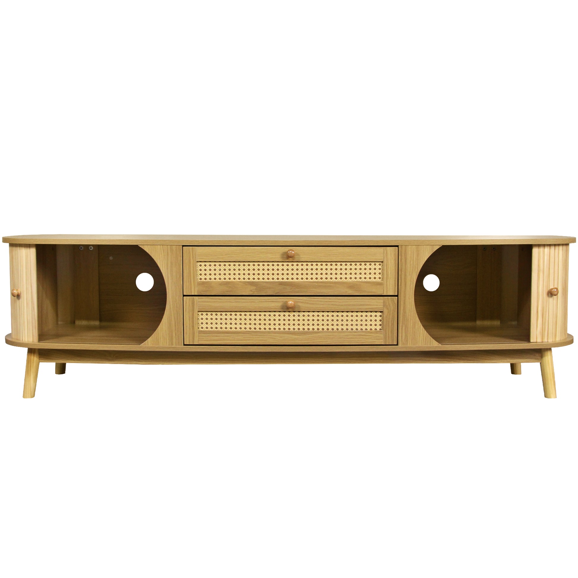 Light oak media console with two rattan cane drawer fronts and round metal handles