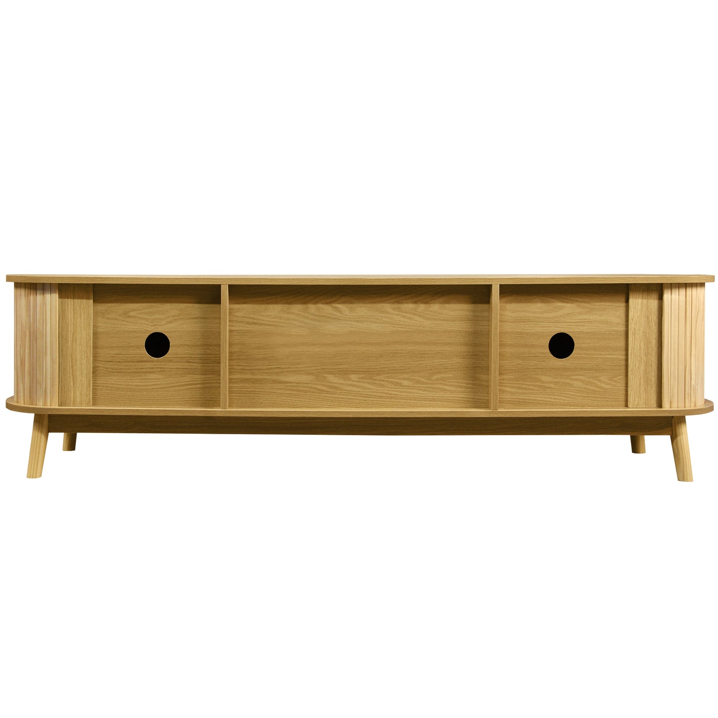 Midcentury modern oak TV stand with slatted side details and open shelving