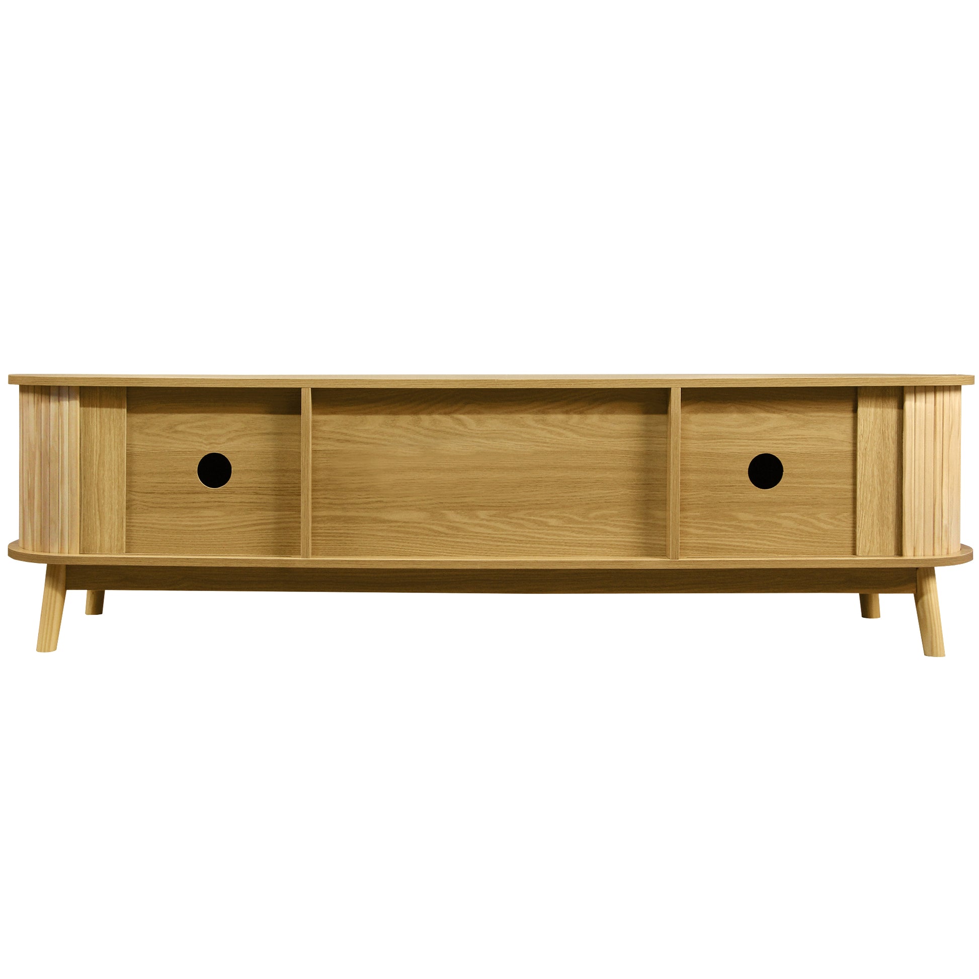 Midcentury modern oak TV stand with slatted side details and open shelving