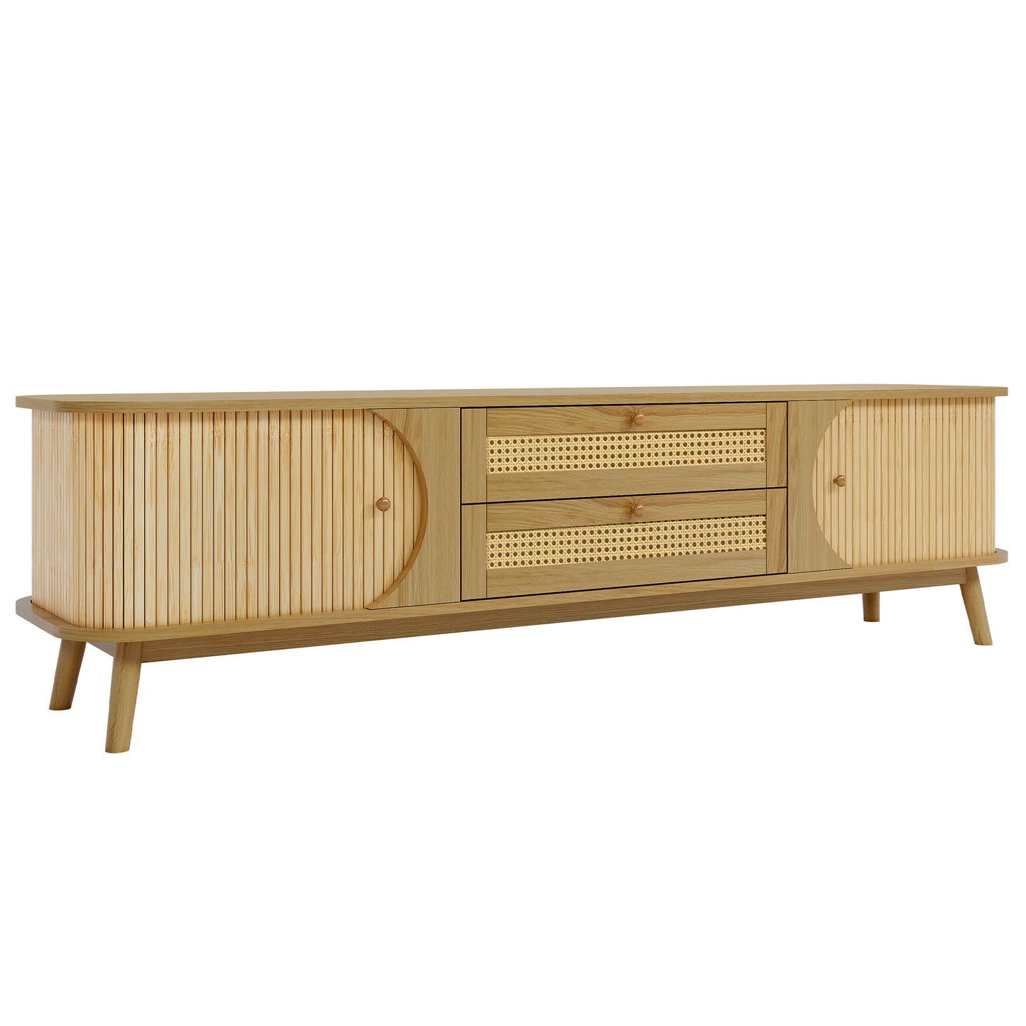 Light wood media console with fluted side doors and cane drawer fronts