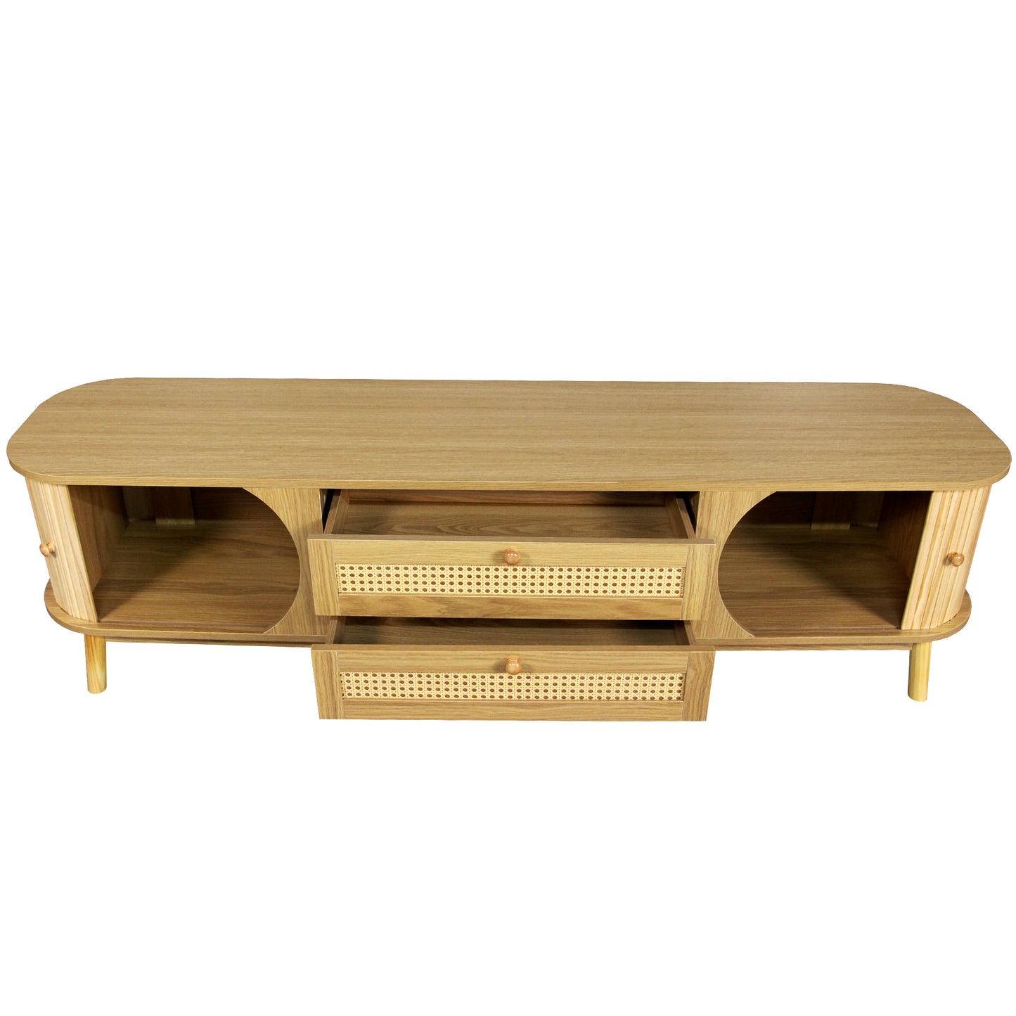 Midcentury modern TV stand with natural wood finish and cane drawer fronts